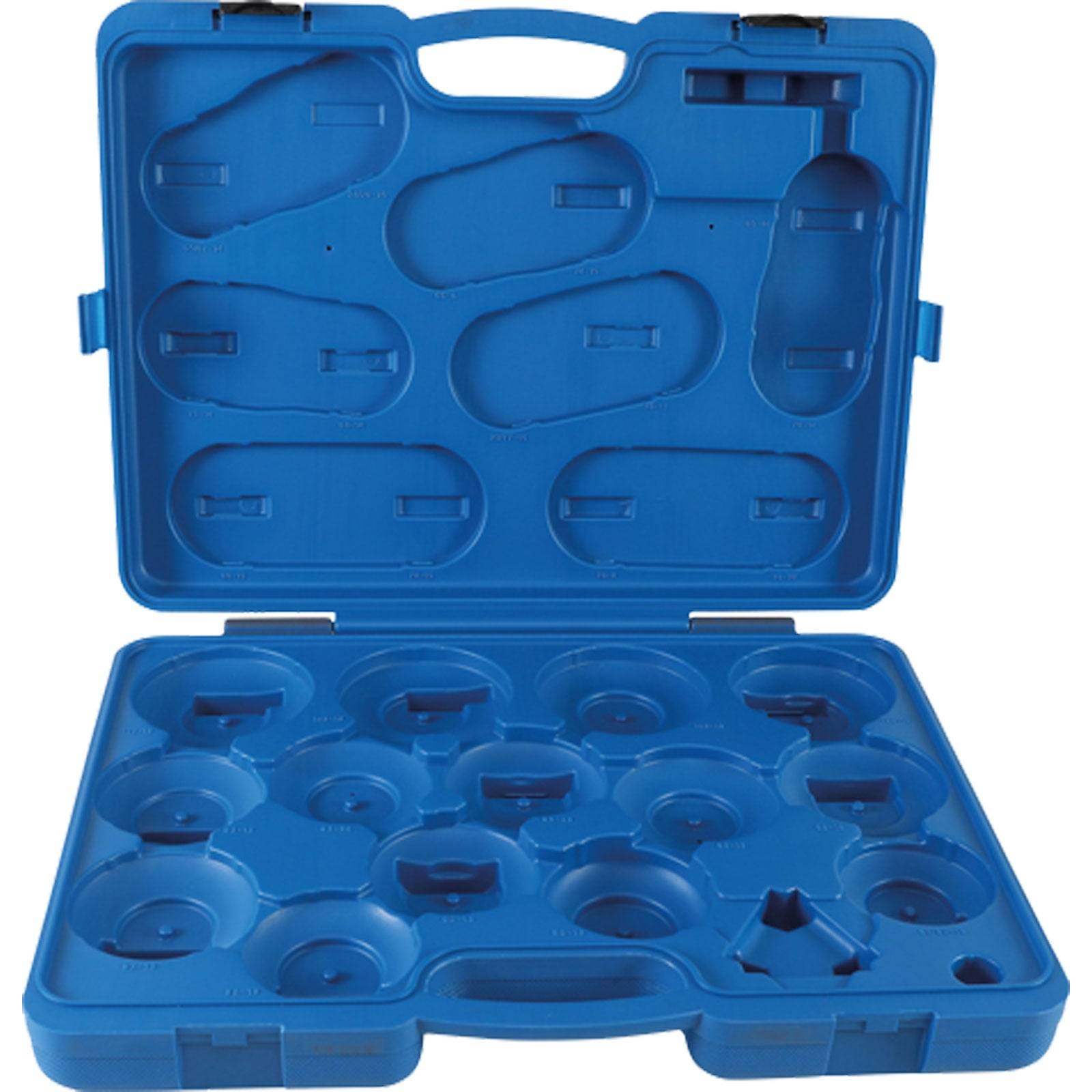 Blaue Kunststoffbox mit Einsatzschlitzen zum Halten spezifischer Werkzeuge oder Gegenstände, geöffnet, die mehrere Fächer in verschiedenen Formen und Größen offenlegt.