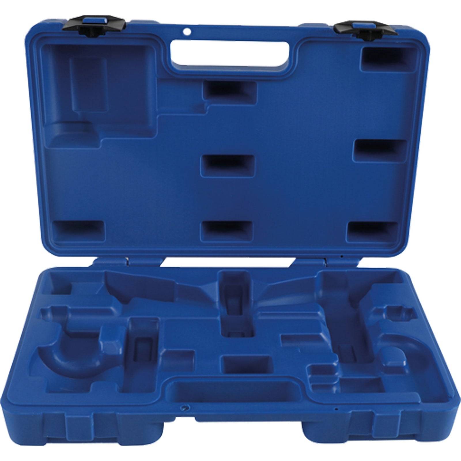Ein blauer Kunststoff-Transportkoffer mit einer geformten Innenauskleidung, die darauf ausgelegt ist, Werkzeuge oder Ausrüstung sicher zu fixieren, ausgestattet mit einem Griff und Verschlüssen.