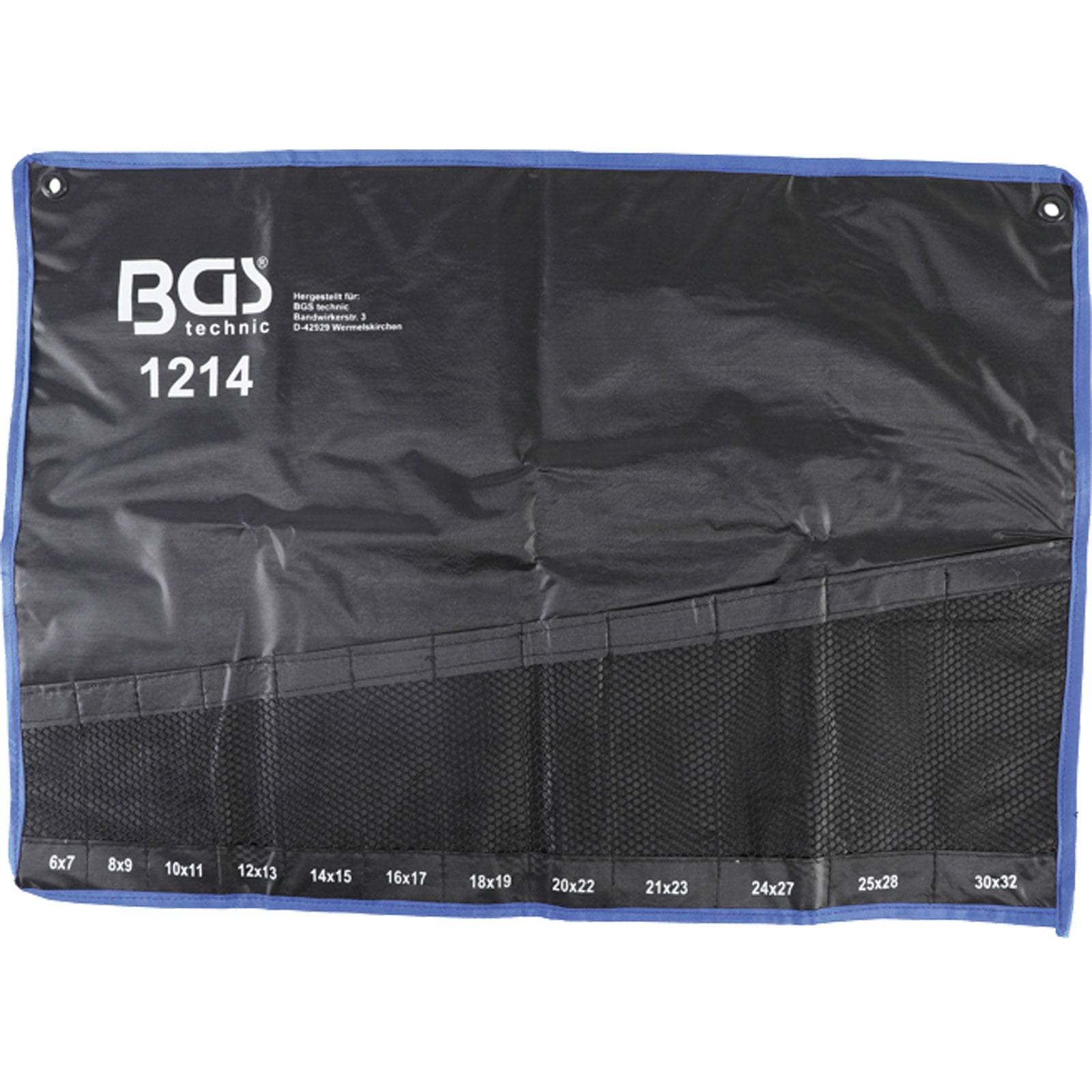 Werkzeugrolltasche mit 'BGS 1214' Aufdruck, ausgestattet mit Schlaufen zur Aufnahme von verschiedenen Schraubenschlüsseln in Größen von 6x7 bis 30x32, zur systematischen Organisation von Werkzeugen.