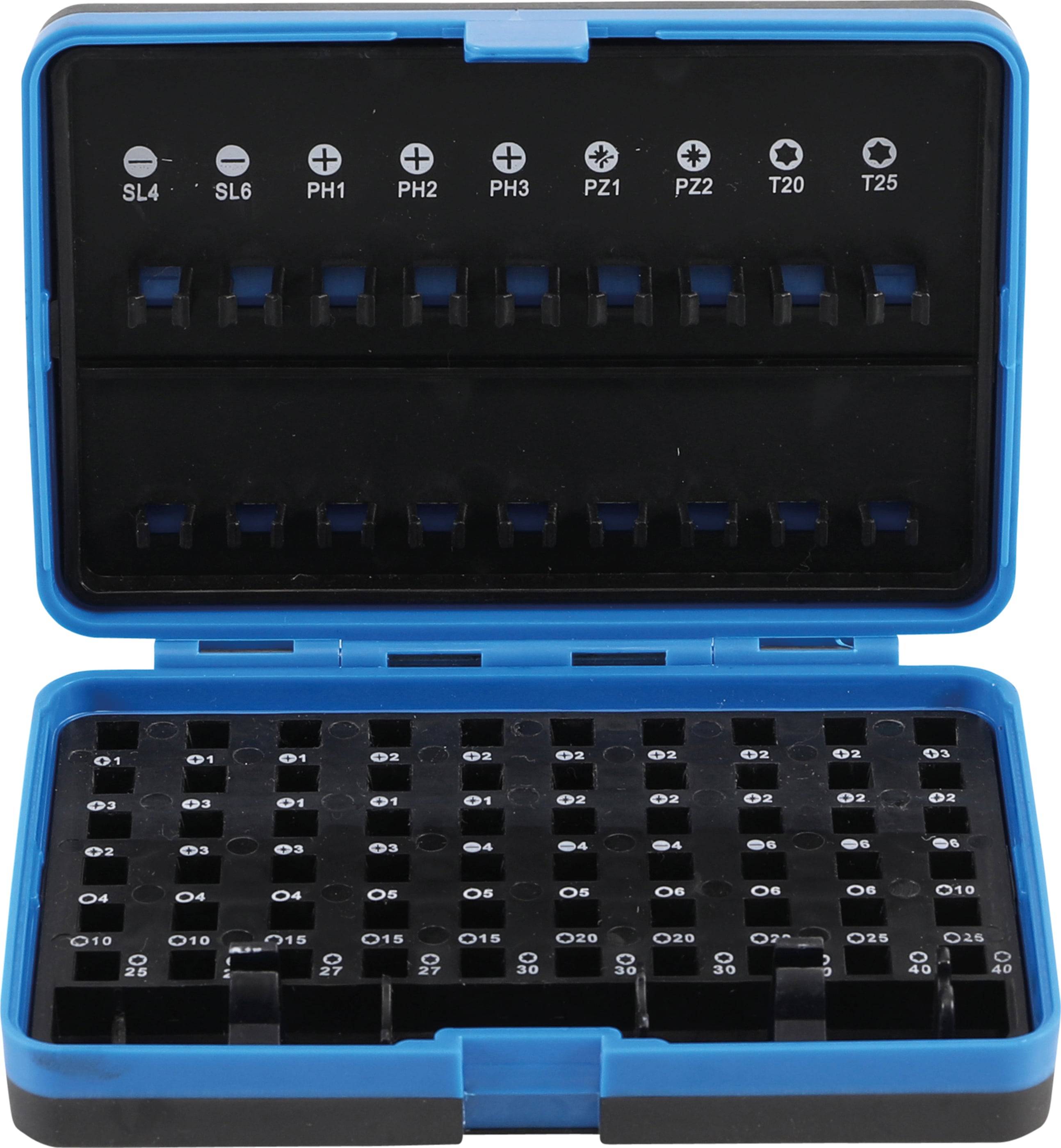 Ein blauer Koffer mit verschiedenen Schraubendreher-Einsätzen, beschriftet mit Größen und Typen, darunter SL, PH und T.