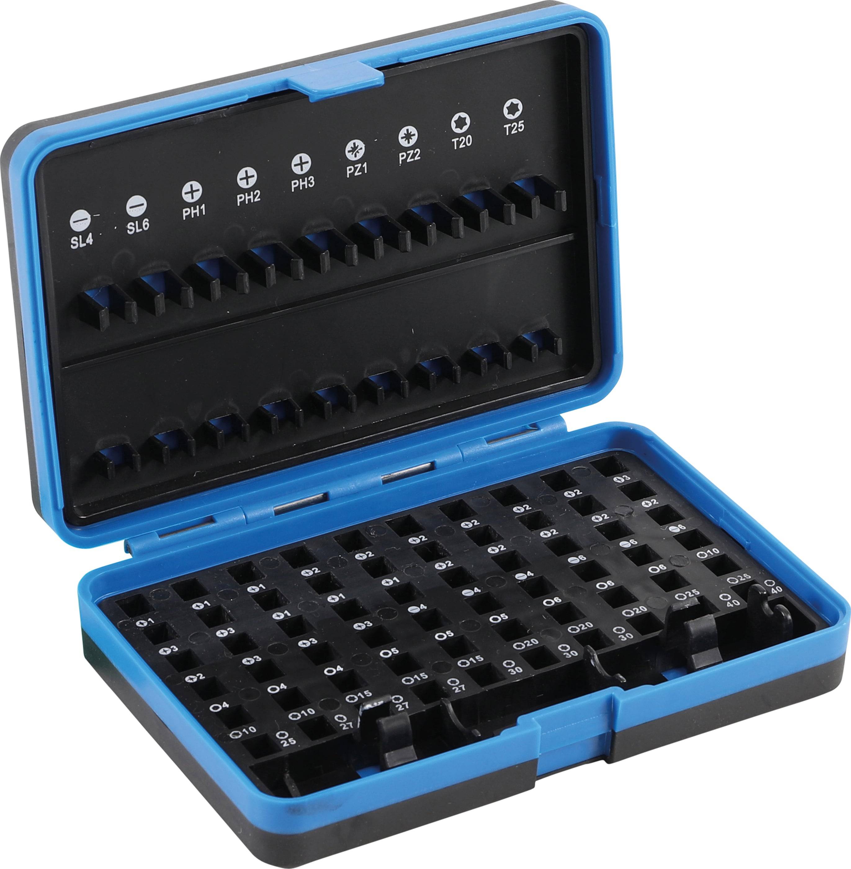 Ein blau-schwarzer Koffer enthält einen Satz verschiedener Schraubendreherbits, die nach Größe und Typ organisiert sind, mit Größen, die auf der Innenseite des Deckels gekennzeichnet sind.