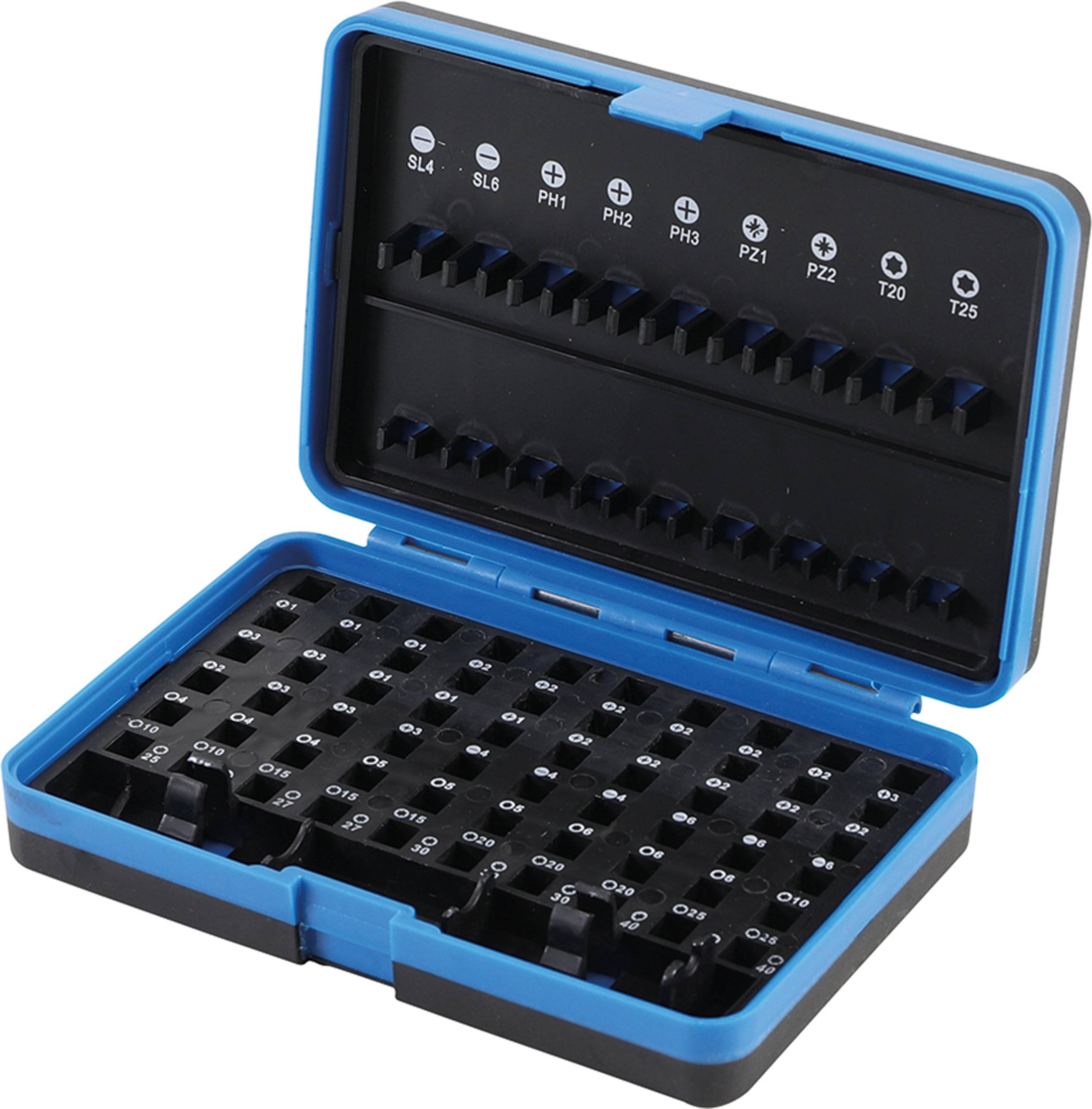 Ein offener blau-schwarzer Werkzeugkasten mit säuberlich angeordneten verschiedenen Schraubendreheraufsätzen, die mit ihren Typen und Größen beschriftet sind.