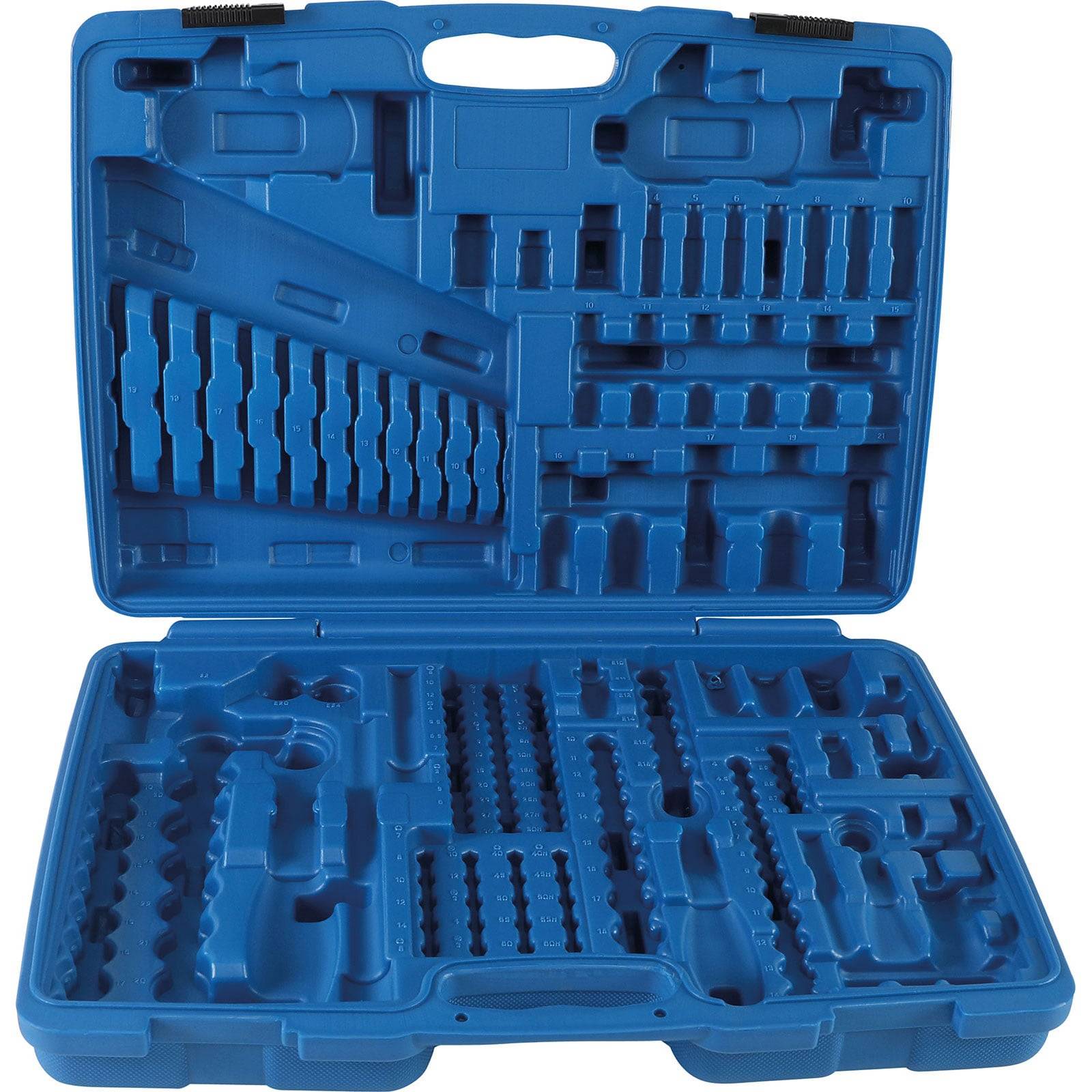 Ein leerer blauer Kunststoff-Werkzeugkoffer mit mehreren Fächern, der zur Organisation verschiedener Werkzeuge wie Bohrereinsätze oder Schraubendreherköpfe konzipiert ist.