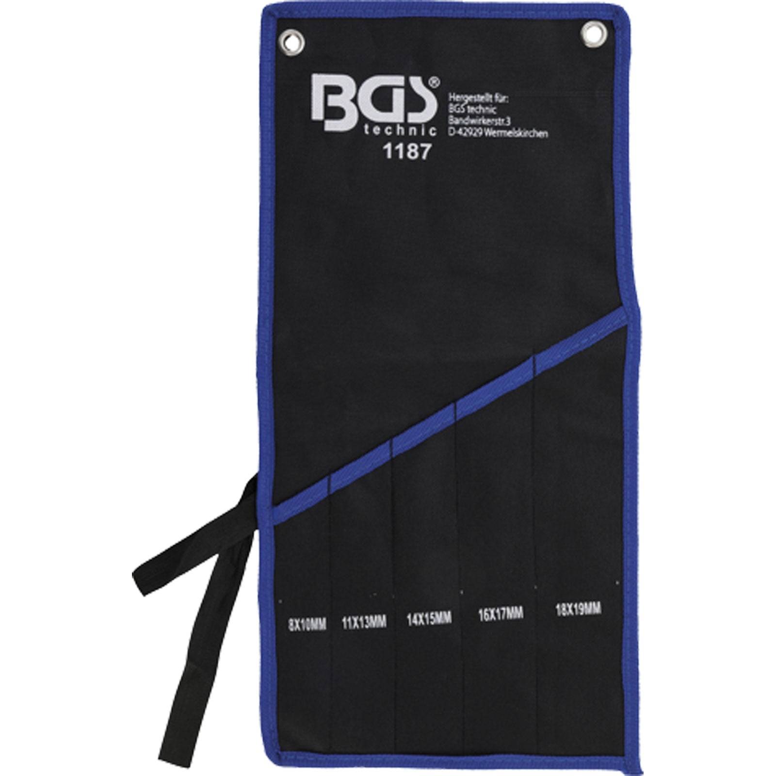 BGS technic' Werkzeugrolltasche mit fünf Taschen, beschriftet mit Schraubenschlüsselgrößen: 8x10mm, 11x13mm, 14x15mm, 16x17mm, 18x19mm.
