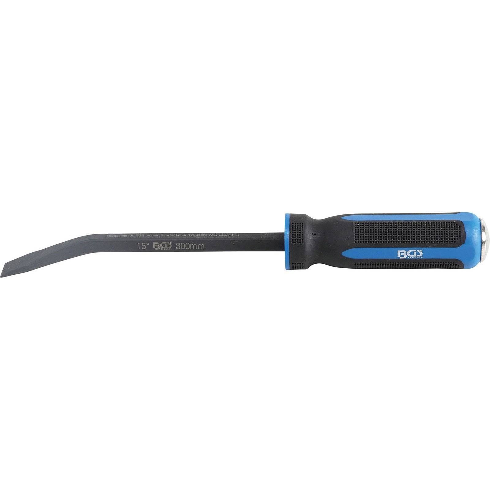 Eine gebogene Brechstange mit schwarzem Metallschaft und blau-schwarzem ergonomischen Griff, 300 mm lang.