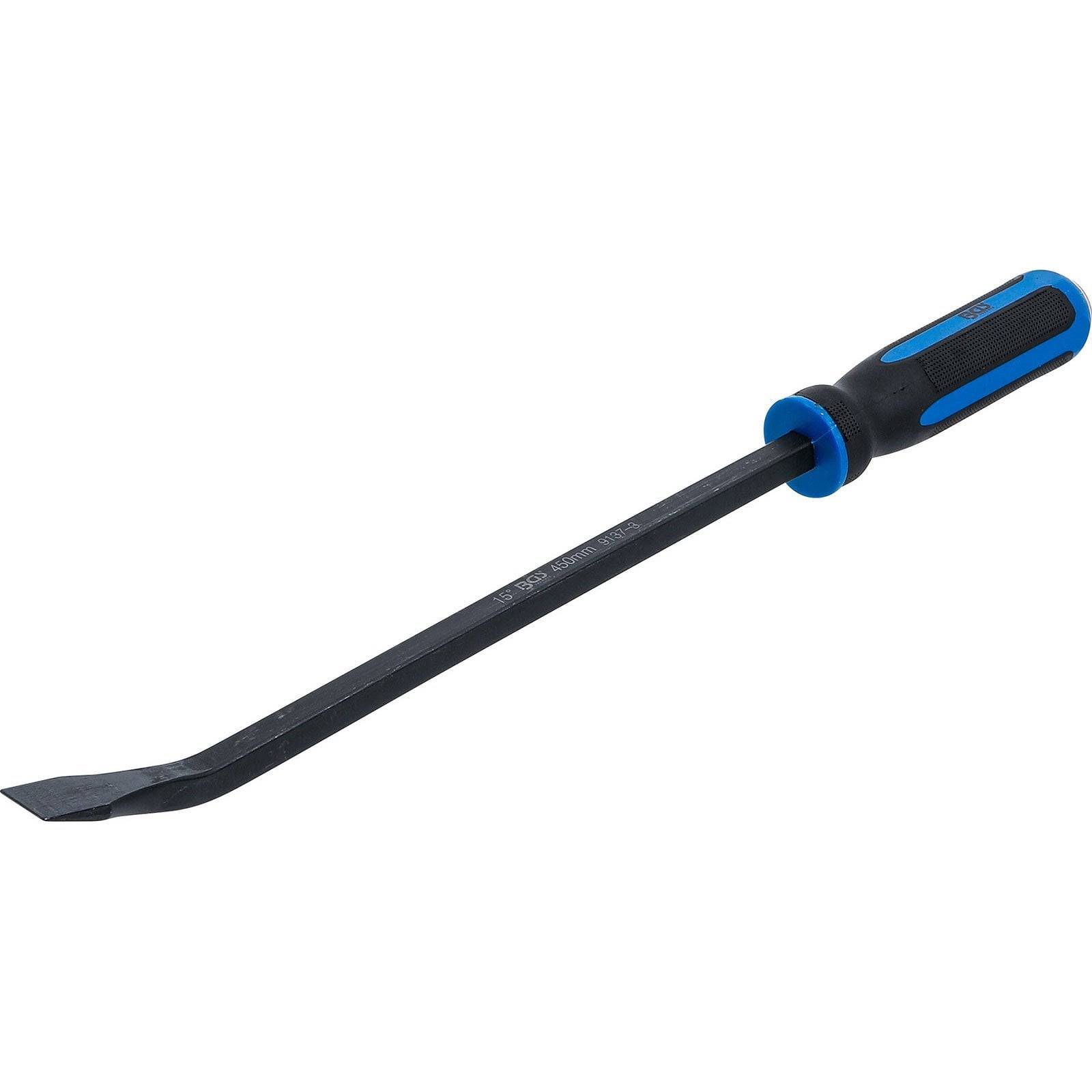 Eine flache Brechstange mit blau-schwarzem Gummigriff, entwickelt für Hebelwirkung beim Hebeln oder Anheben von Gegenständen.