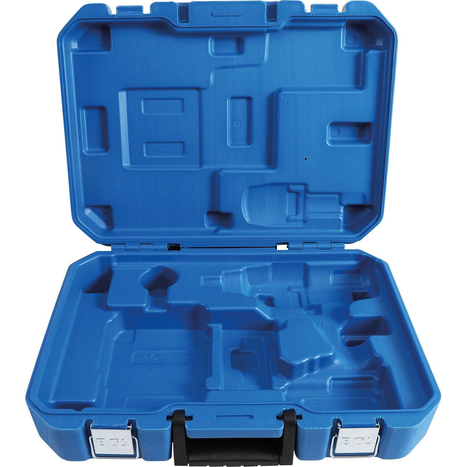 Ein blauer Kunststoffkoffer mit mehreren geformten Fächern, die zur Aufnahme von Werkzeugen vorgesehen sind, geöffnet mit einem schwarzen Griff am unteren Ende.