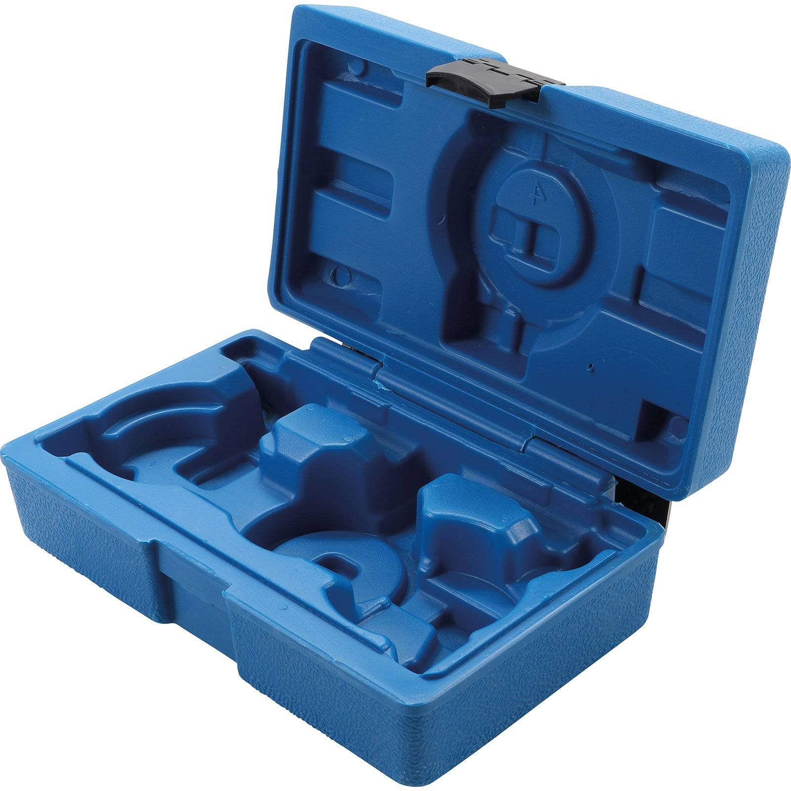 Blaue Kunststoffbox mit Fächern, die speziell geformt sind, um bestimmte Werkzeuge zu halten, derzeit leer.