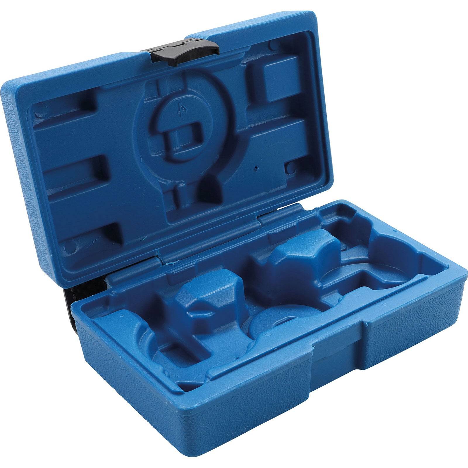 Blauer Kunststoff-Werkzeugkoffer mit Fächern zum Sichern spezifischer Werkzeuge, geöffnet, um die Innenmulden zur Organisation des Inhalts zu zeigen.