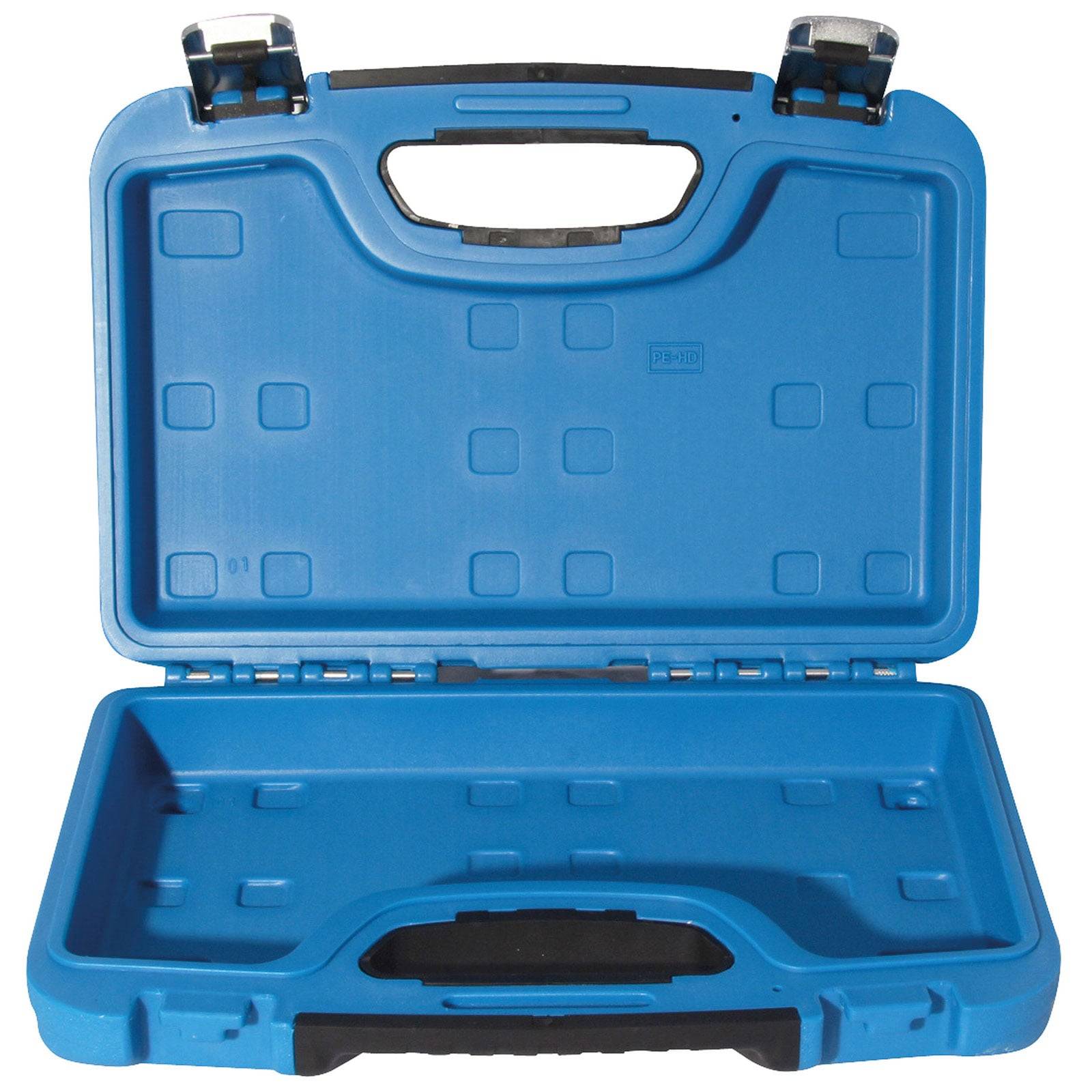 Ein offener, leerer blauer Kunststoffkoffer mit Griffen, der zum Transport von Werkzeugen oder kleinen Ausrüstungsgegenständen konzipiert ist.