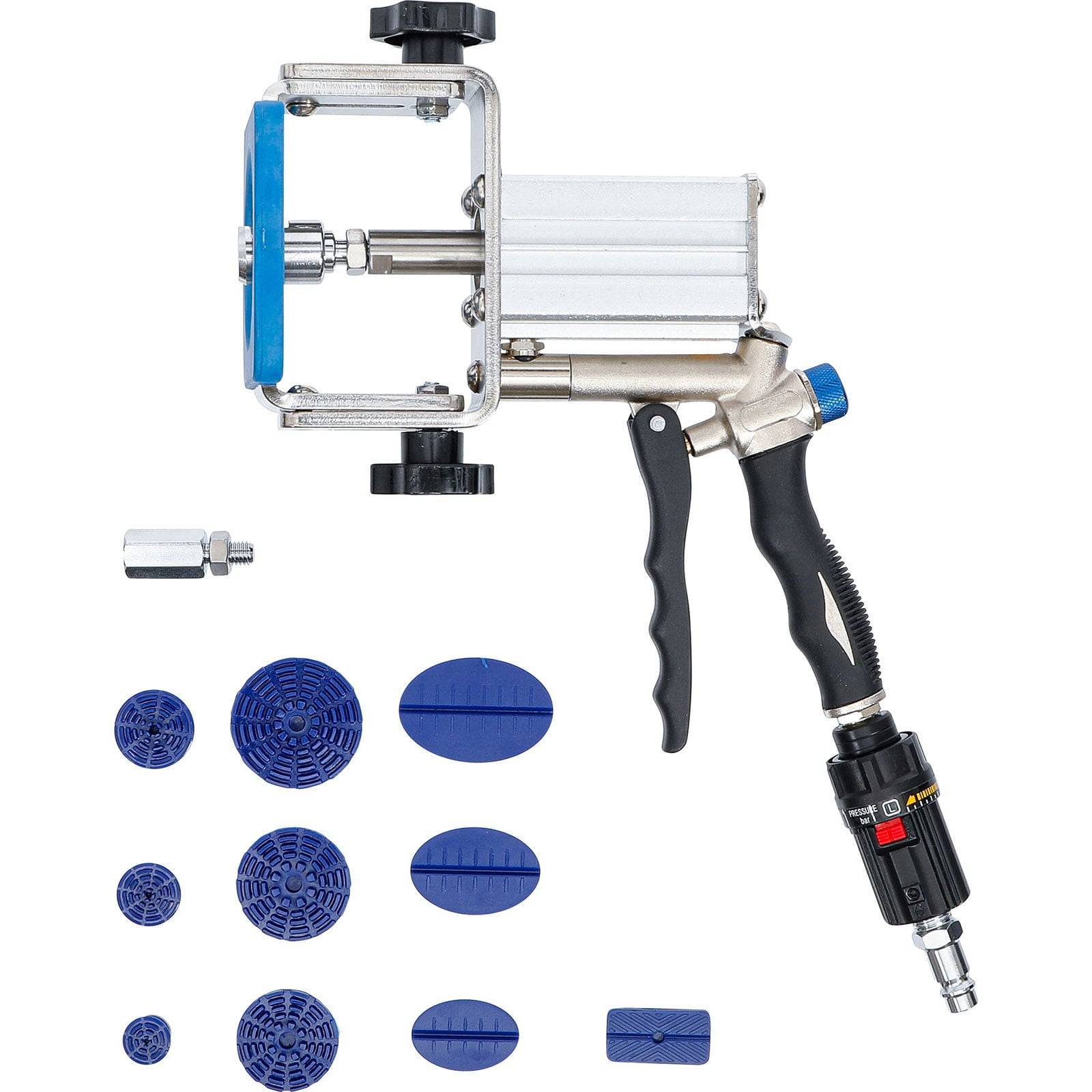 Pneumatischer Tonextruder mit Griff und auswechselbaren blauen Mustertellern, die verschiedene Extrusionsformen für die Tonmodellierung zeigen.