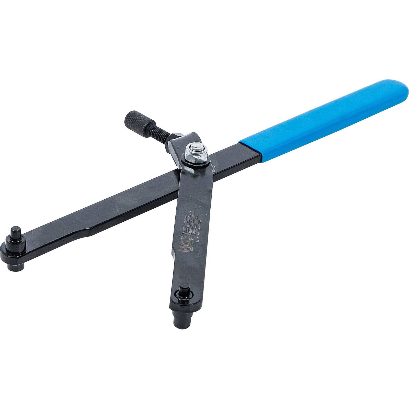 Ein schwarzer Metallschraubenschlüssel mit einem verstellbaren Arm und einem blauen Griff, verwendet zum Greifen und Drehen von kreisförmigen Objekten.