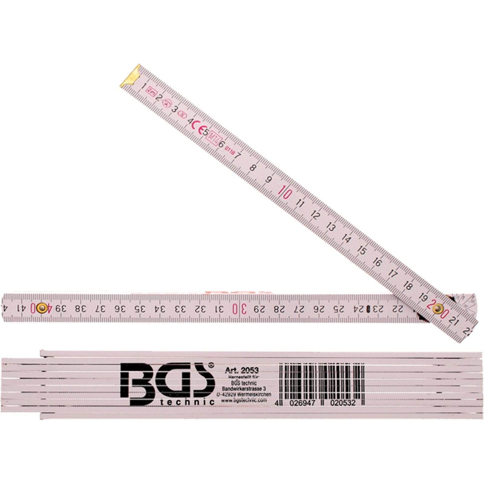 Zwei gefaltete weiße Holzmaßstäbe mit metrischen Messungen in Rot und Schwarz. Ein Lineal ist diagonal vollständig ausgefahren und zeigt deutliche Skalenmarkierungen.