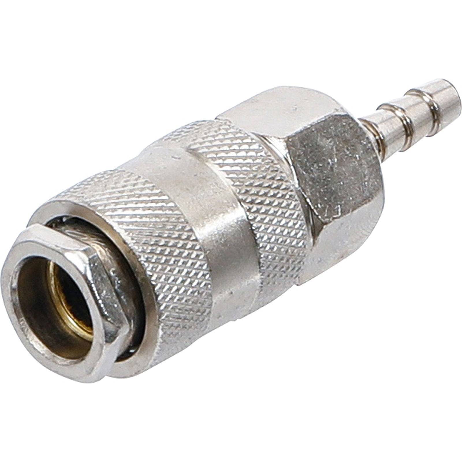 Eine metallische Schnellkupplung für Luftschläuche mit einem Gewinde am Ende und einem gerillten Griffbereich, die für sichere Verbindungen konzipiert ist.