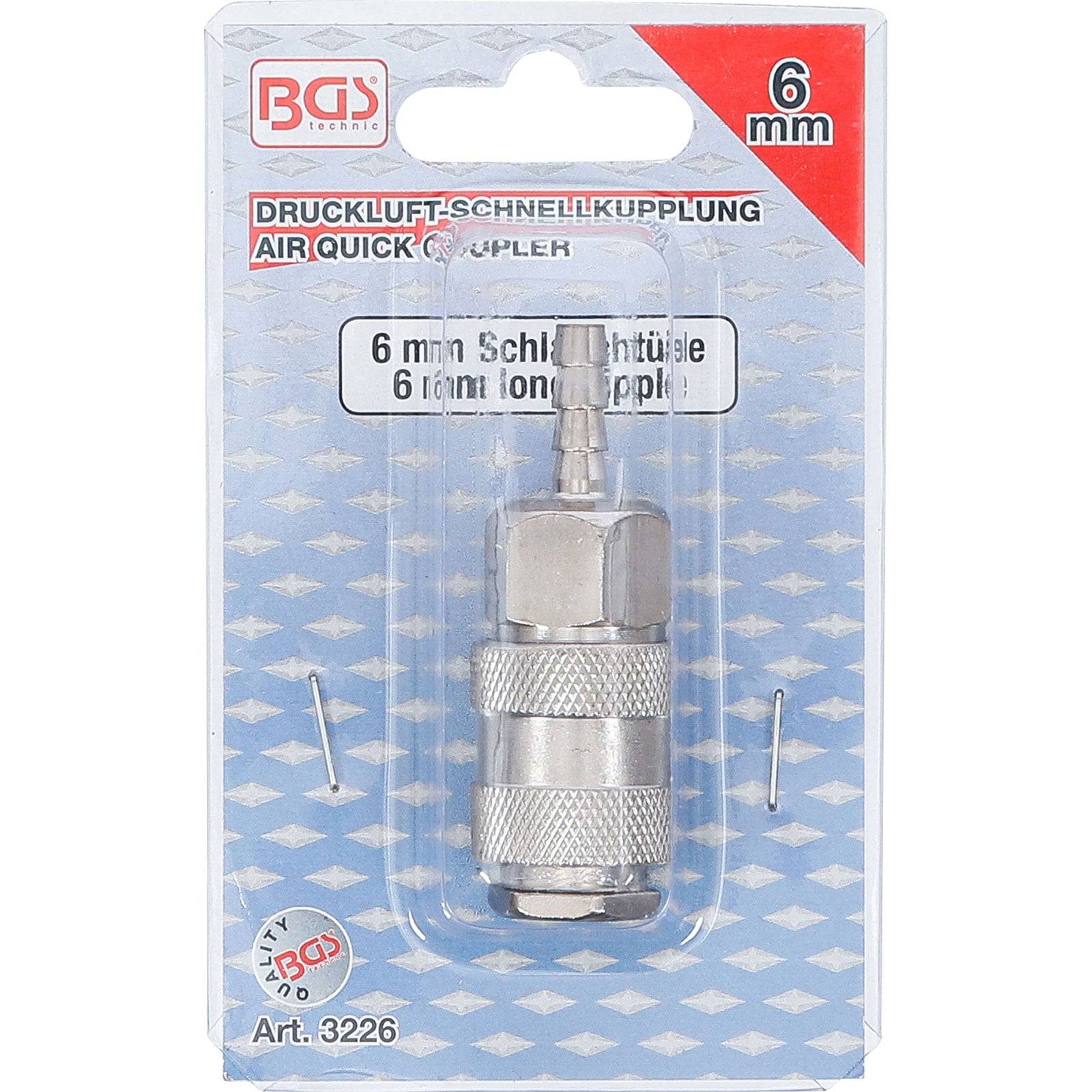 BGS Luftschnellkupplung, 6 mm Schnellkupplung, Art. 3226, in Verpackung mit blauem geometrischem Hintergrund dargestellt.