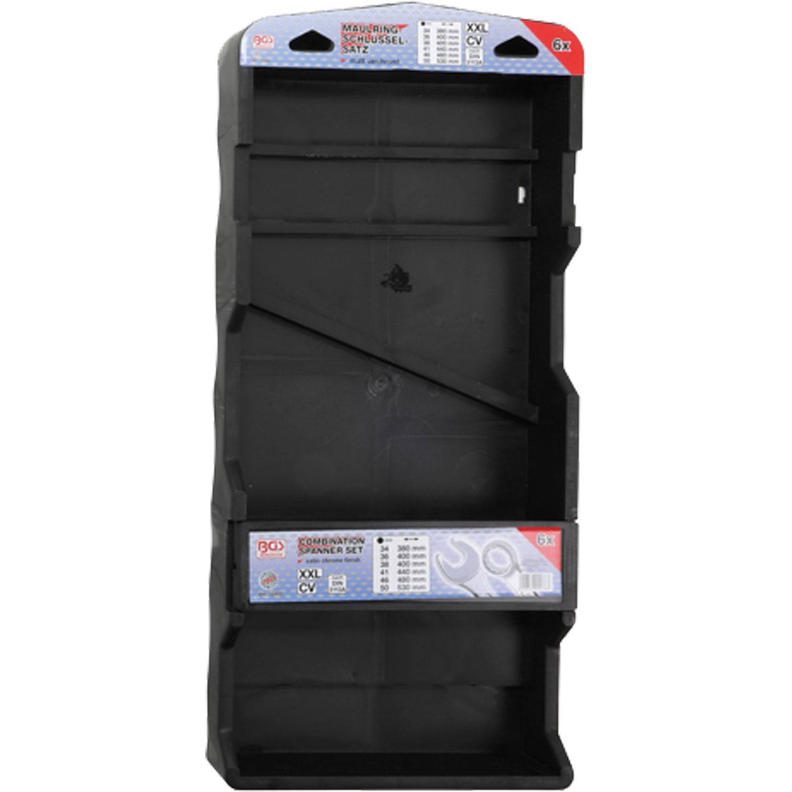 Schwarzer Kunststoff-Aufbewahrungsorganizer mit mehrstufigen Fächern und Etiketten für verschiedene Schraubenschlüsselgrößen. Kompaktes Design für einfachen Werkzeugzugang.