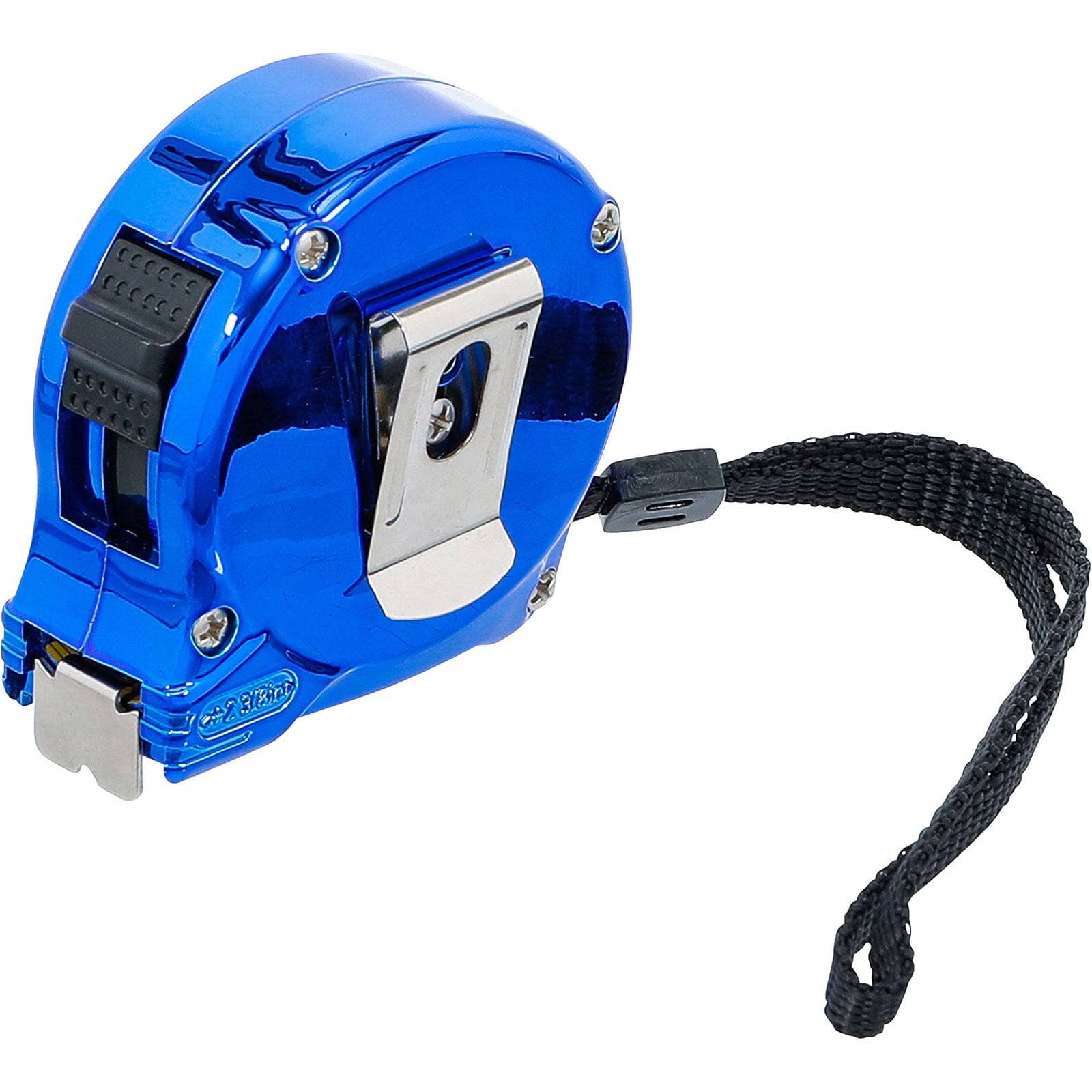 Ein blauer einziehbarer Maßband mit schwarzem Handgelenkband und Metallclip, verwendet zum Messen von Längen oder Entfernungen.