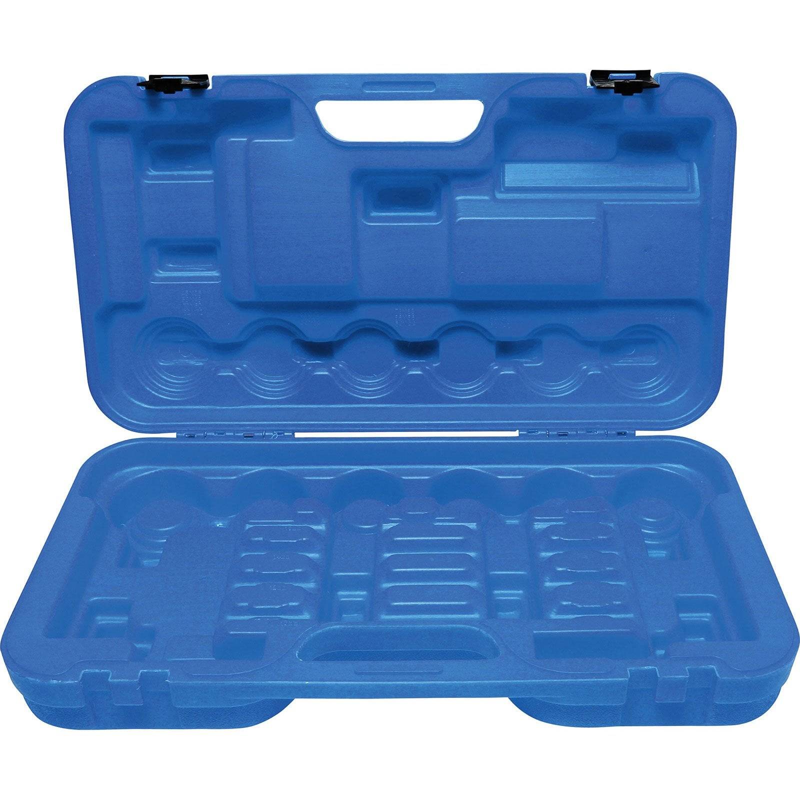 Eine blaue, offene Kunststoff-Transportbox mit geformten Fächern zur Organisation von Werkzeugen oder kleinen Teilen. Die Box ist leer.