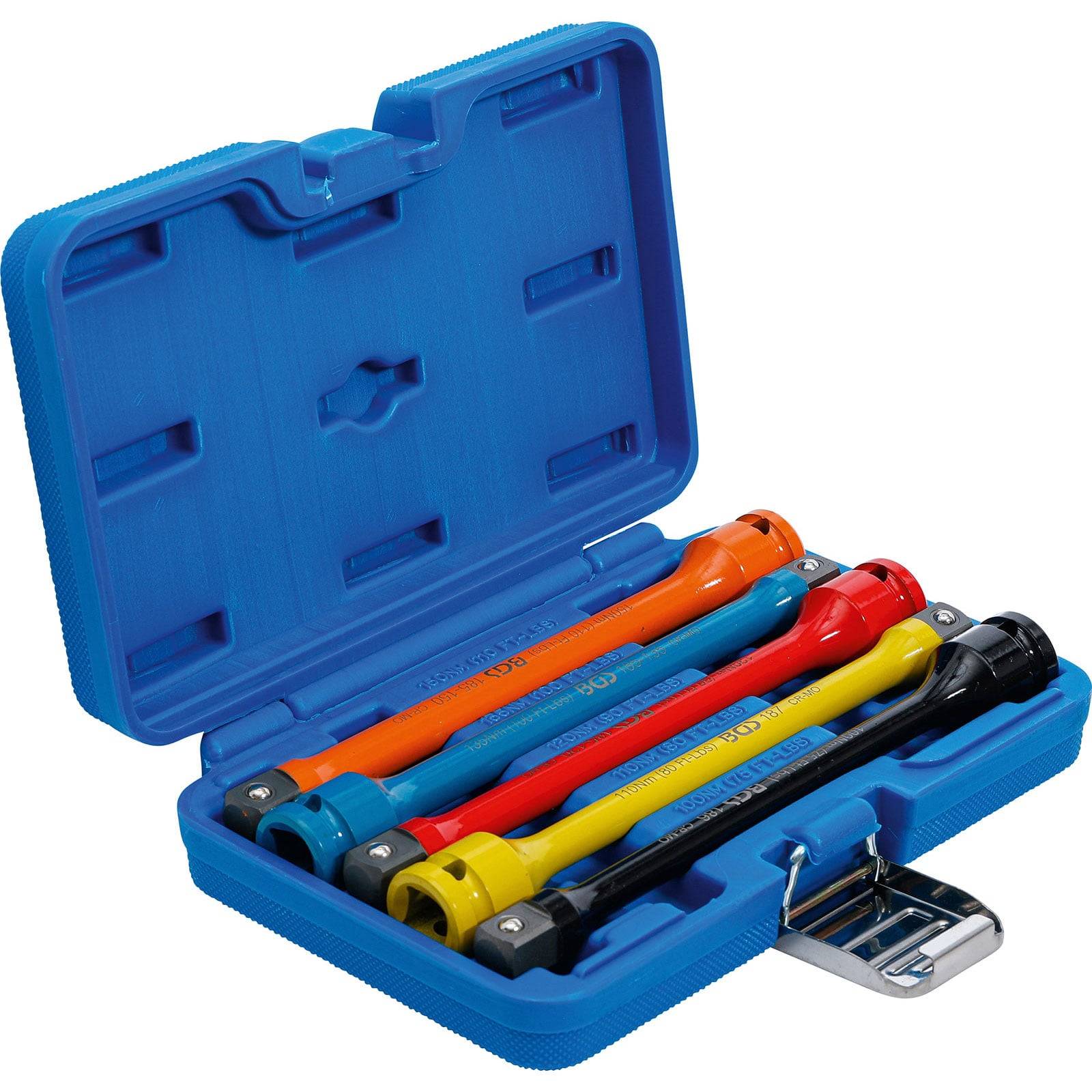 Ein blauer Kunststoffkoffer mit fünf farbcodierten Drehmoment-Verlängerungsstäben in verschiedenen Größen und Farben, entwickelt für präzise Drehmomentanwendung.