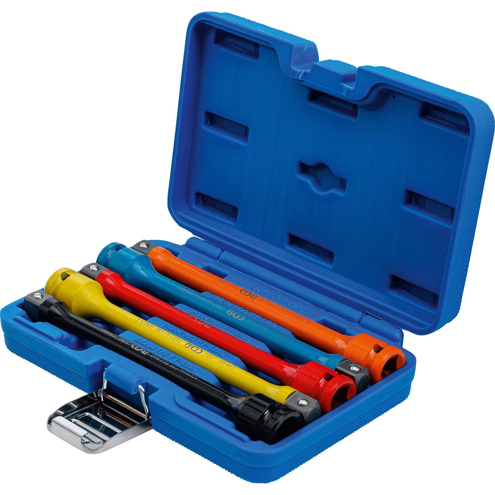 Eine blaue Plastikbox enthält vier Drehmomentbegrenzungs-Verlängerungsstäbe in verschiedenen Farben, die zum Verhindern des Überdrehens von Radmuttern verwendet werden.