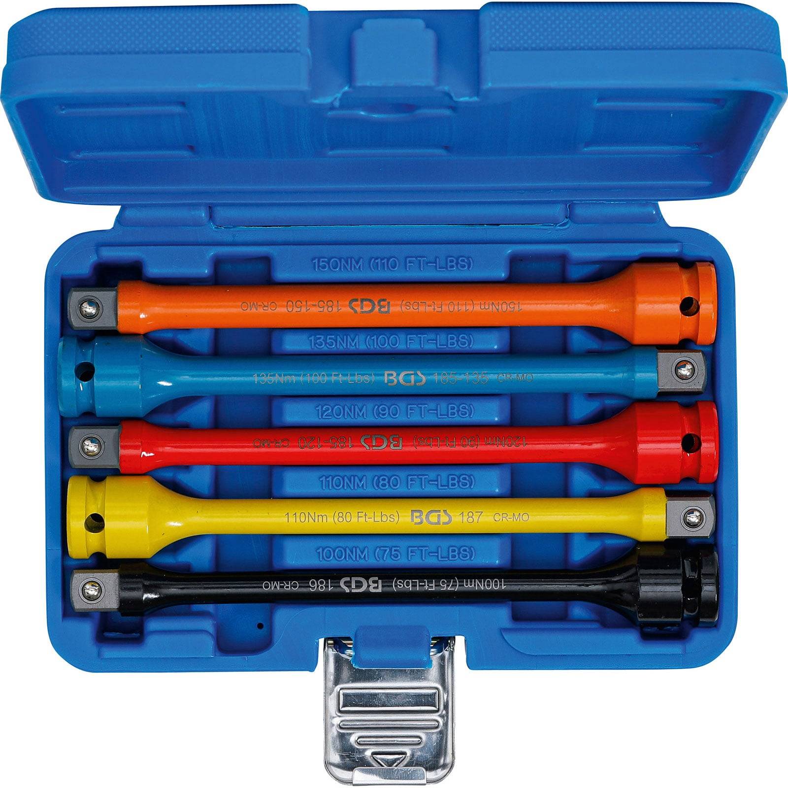 Eine blaue Aufbewahrungsbox enthält vier farbcodierte Drehmomentaufsätze. Jeder Aufsatz ist mit einem unterschiedlichen Drehmohrtwert gekennzeichnet, der von 100 Nm bis 150 Nm reicht.