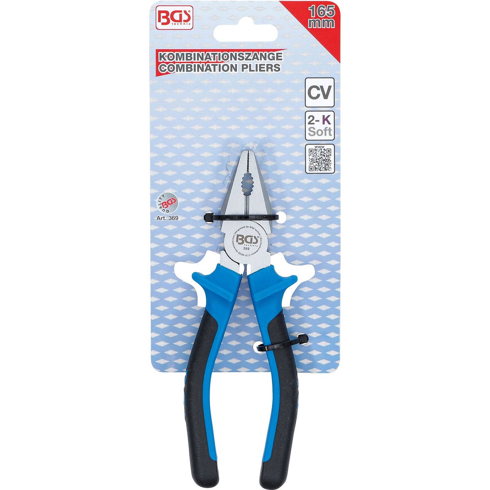 Kombinationszange mit blauen und schwarzen Griffen, die auf der Verpackung präsentiert werden. Text auf der Verpackung lautet: 'Kombinationszange/Combination Pliers'.