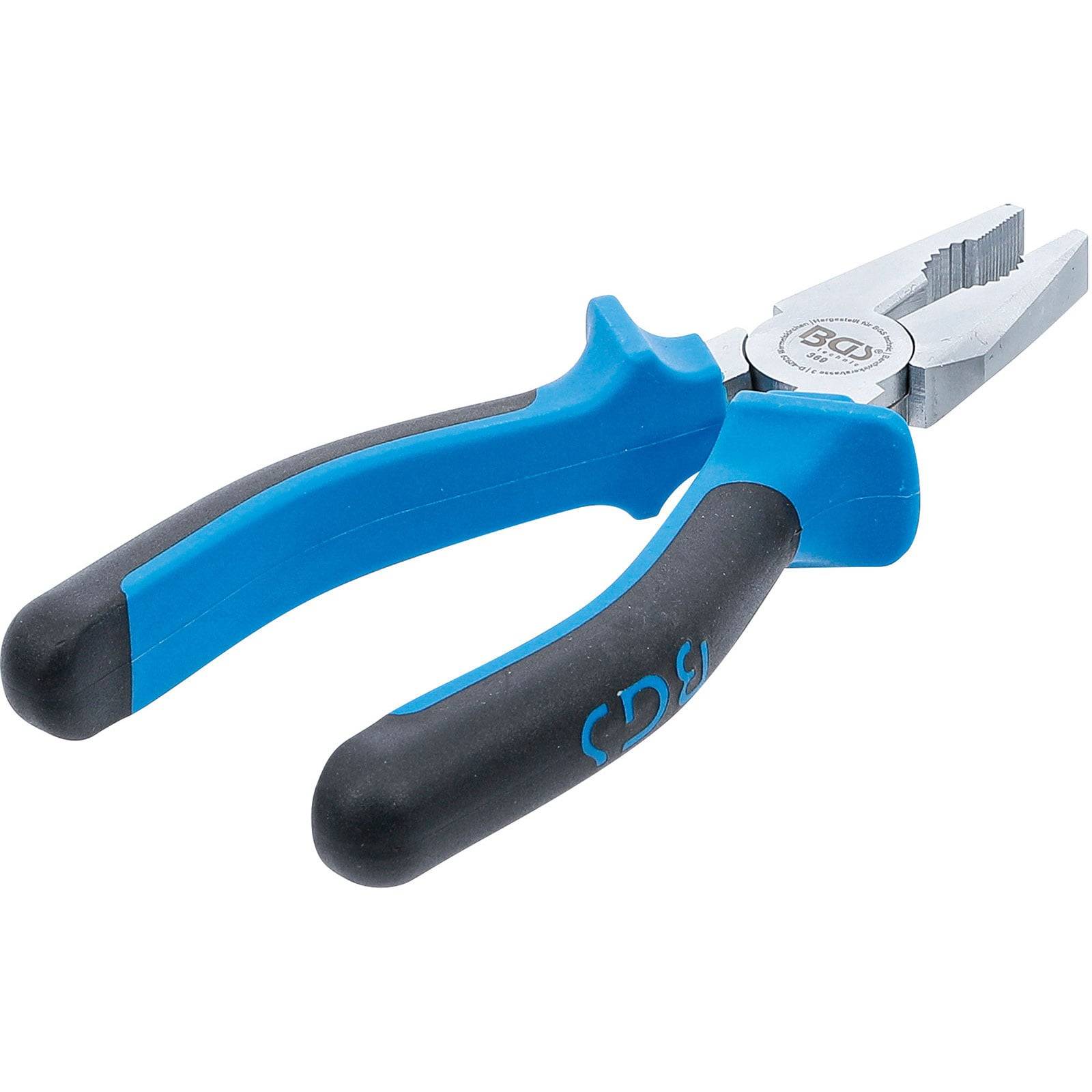 Ein Paar Zangen in Blau und Schwarz mit ergonomischen Griffen, von der Seite gezeigt.