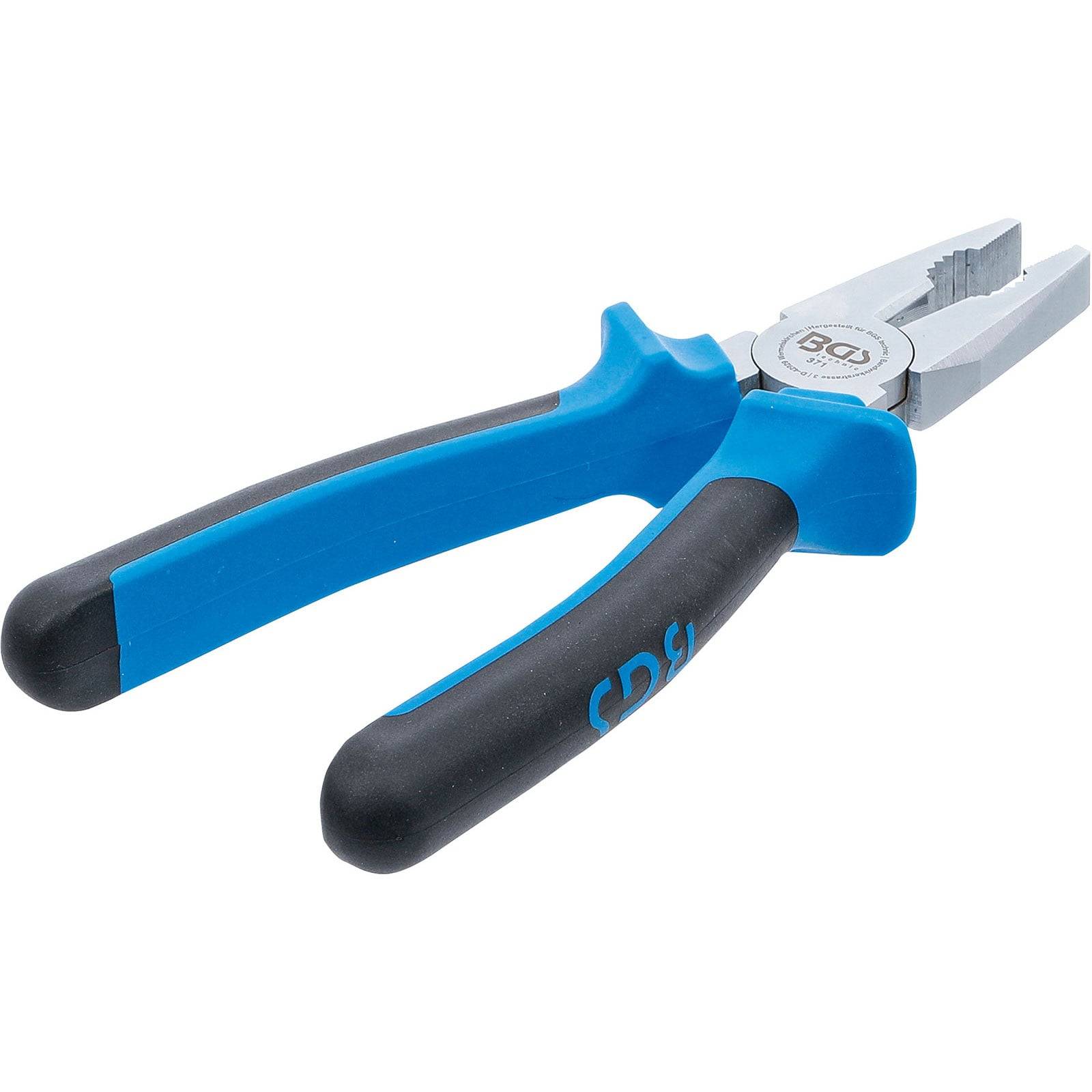 Blaue und schwarzgriffige Zangen mit einem Griffbereich und einer Schneidkante, die zum Greifen und Durchtrennen von Drähten oder kleinen Gegenständen verwendet werden.