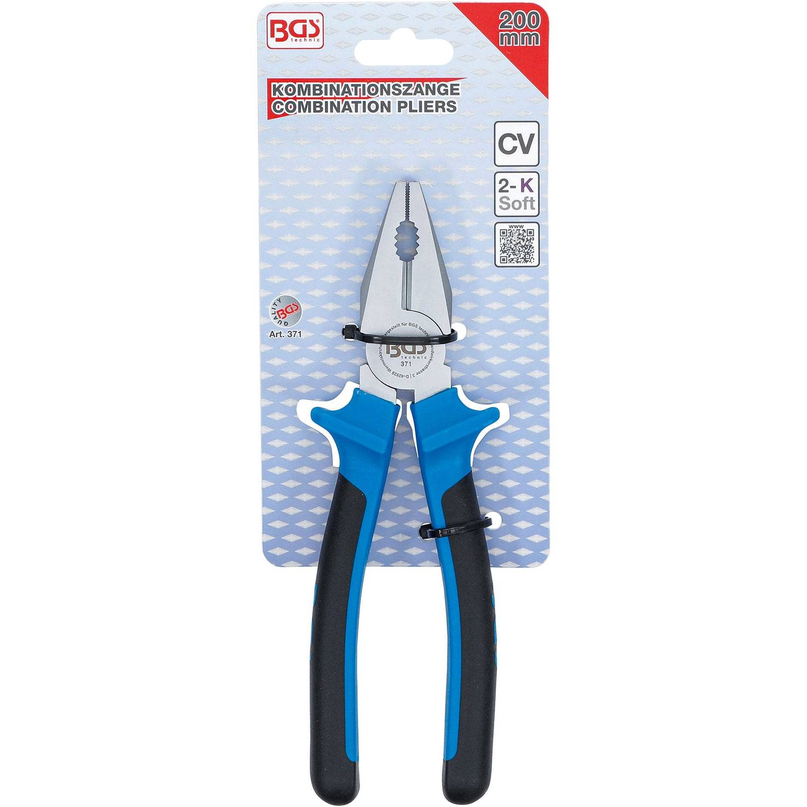 Kombinationszange in Verpackung mit blauen, ergonomischen Griffen, gekennzeichnet mit '200 mm'. Text auf der Verpackung auf Deutsch und Englisch.