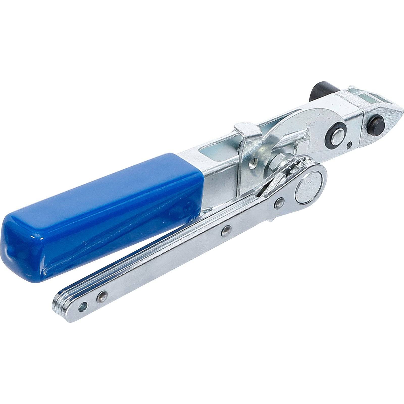 Ein Dosenöffner aus Metall mit einem blauen Griff und drehbarem Hebel, der zum Öffnen von Blechdosen entwickelt wurde.