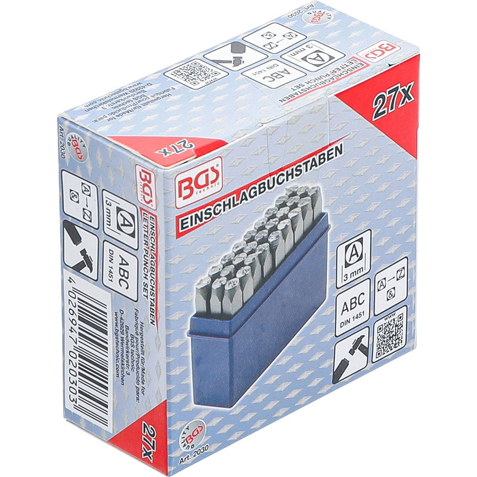Schachtel mit 27 Metallstanzlettern, Größe 13 mm, in einem blauen Etui; gekennzeichnet als BGS ABC, Artikel 4300.