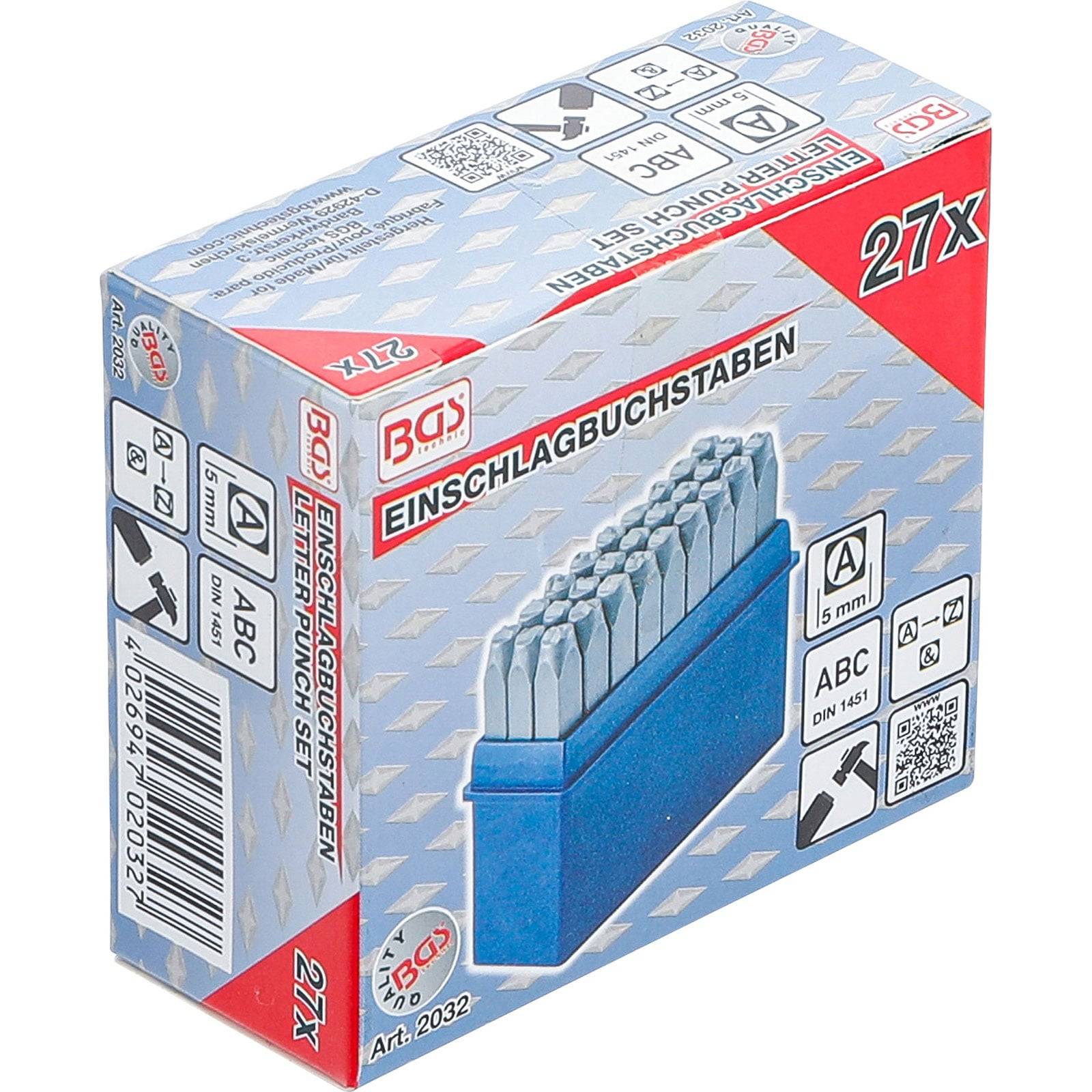 Schachtel mit 27 Metallbuchstempelstempeln, 5mm 'Einschlagbuchstaben', in blauem Halter. Marke BGS, enthält Alphabetbuchstaben und '&'.