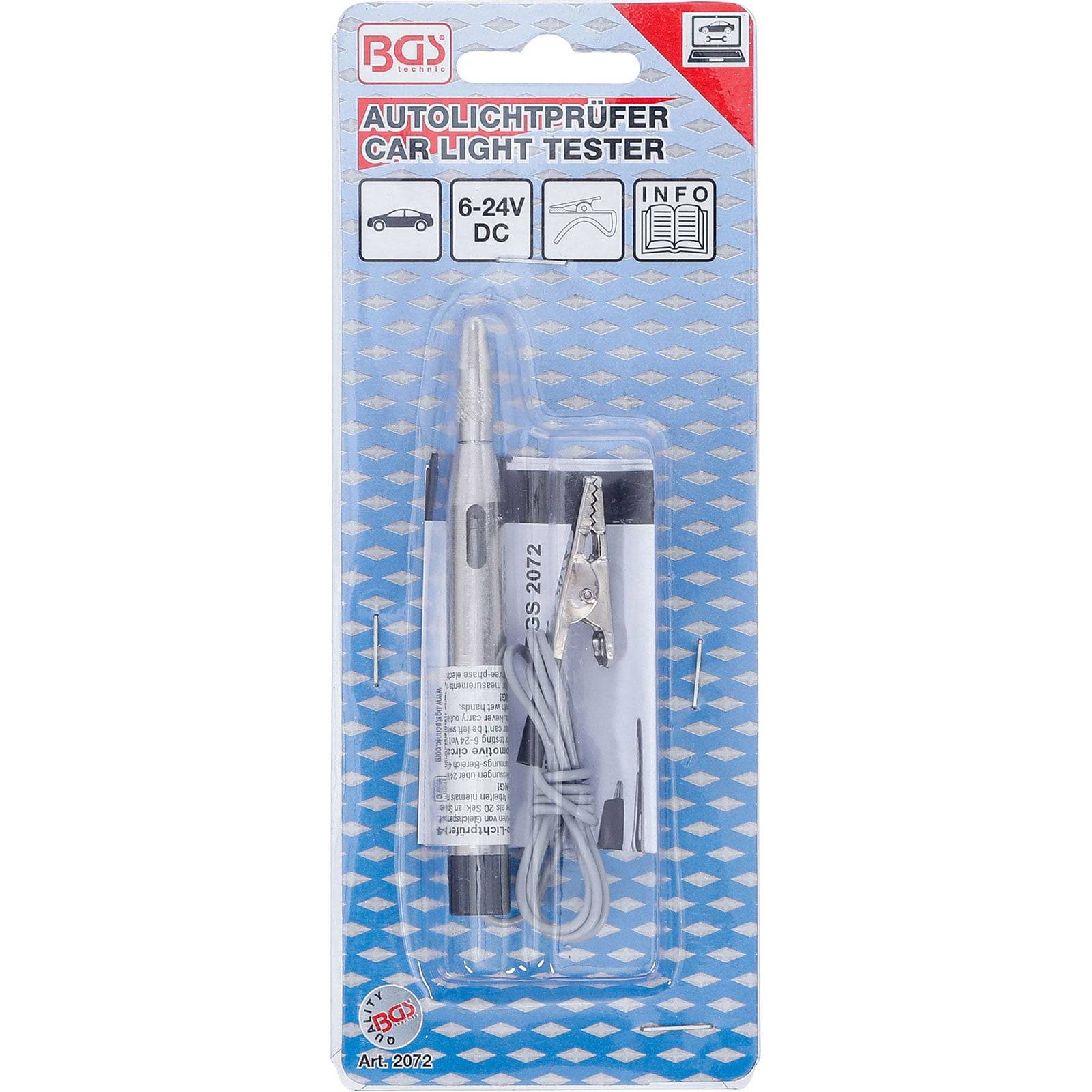 BGS Autolichtprüfer Car Light Tester Verpackung mit Tester, Kabel und Klemme. Zum Testen von 6-24V DC-Autobeleuchtung. Blauer gemusterter Hintergrund.