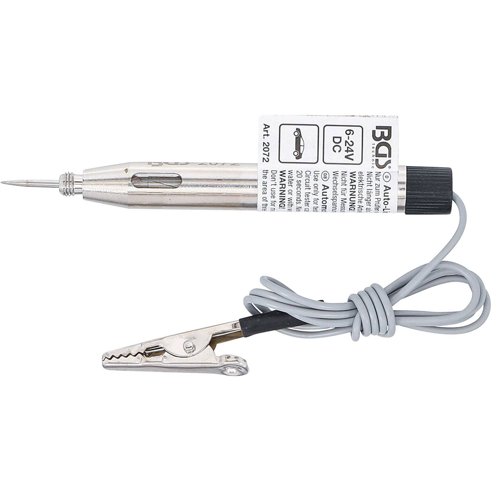 Ein metallischer Spannungsprüfer mit einer spitzen Spitze. Er verfügt über ein Kabel mit einer Krokodilklemme zum Erden und einer Beschriftung, die den Spannungsbereich anzeigt.