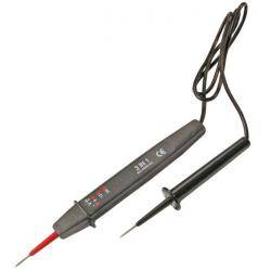 Ein Spannungsprüfer mit einer roten und schwarzen Prüfspitze, die durch ein Kabel verbunden sind. Das Gerät wird zur sicheren Messung von Stromkreisen verwendet.