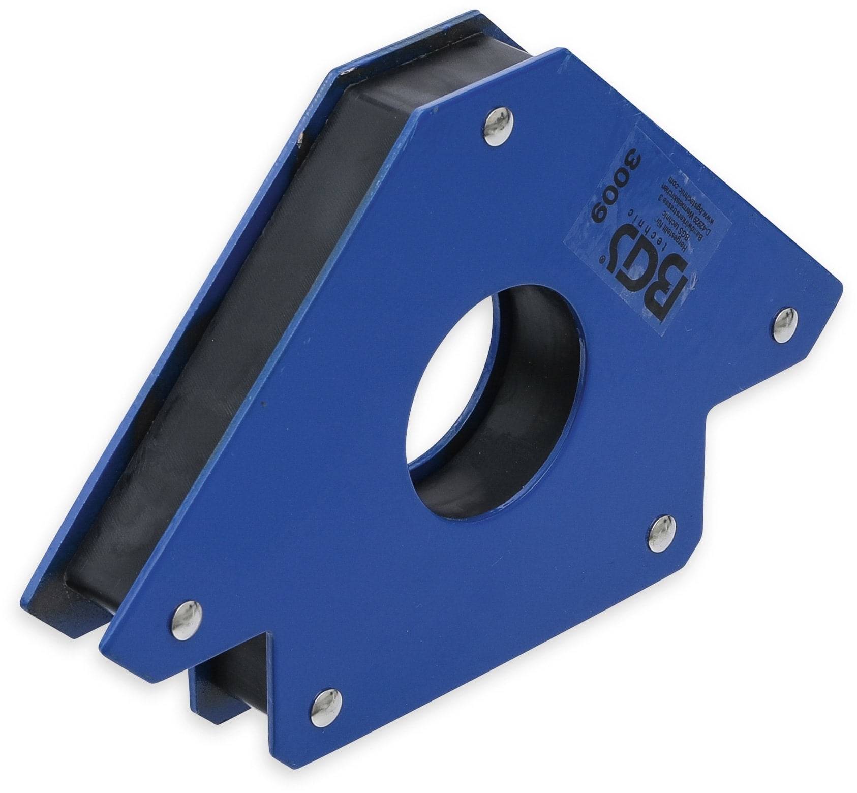 Blauer magnetischer Schweißhalter mit einer zentralen kreisförmigen Öffnung und vier Metallfastern, gezeigt auf weißem Hintergrund.