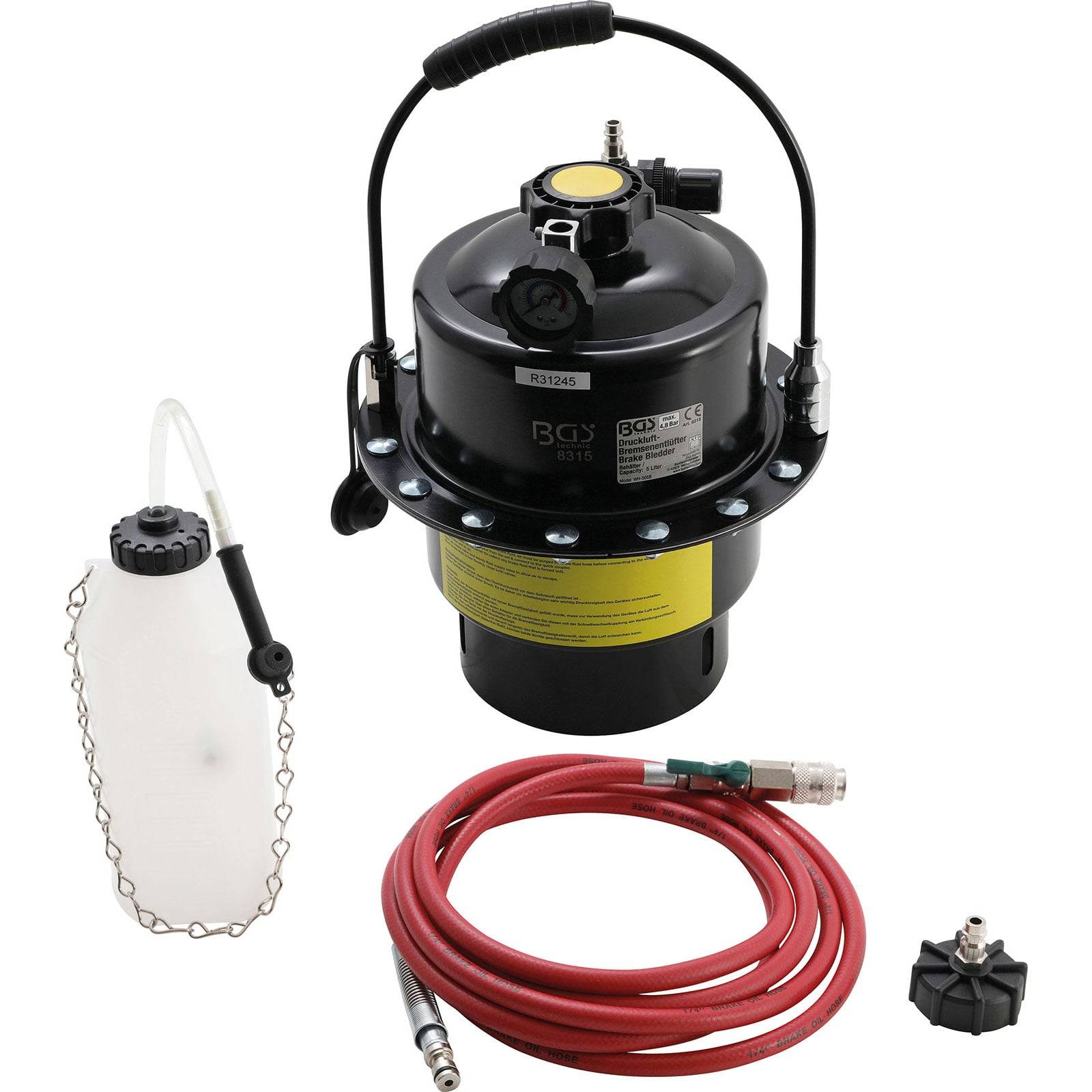 Ein Bremsentlüftungsset mit Druckpumpe, rotem Schlauch, weißem Flüssigkeitsbehälter und Adaptern, verwendet für die Wartung der Fahrzeugbremsen.