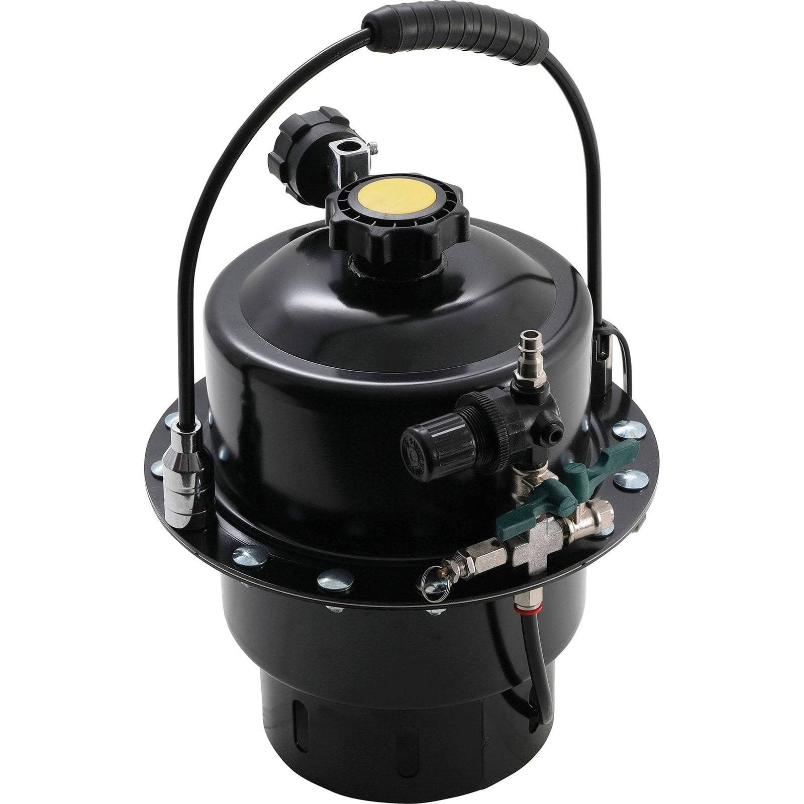 Schwarzer Luftfederkompresor mit Druckmesser oben, angebrachtem Handgriff und mehreren Anschlüssen an der Basis.