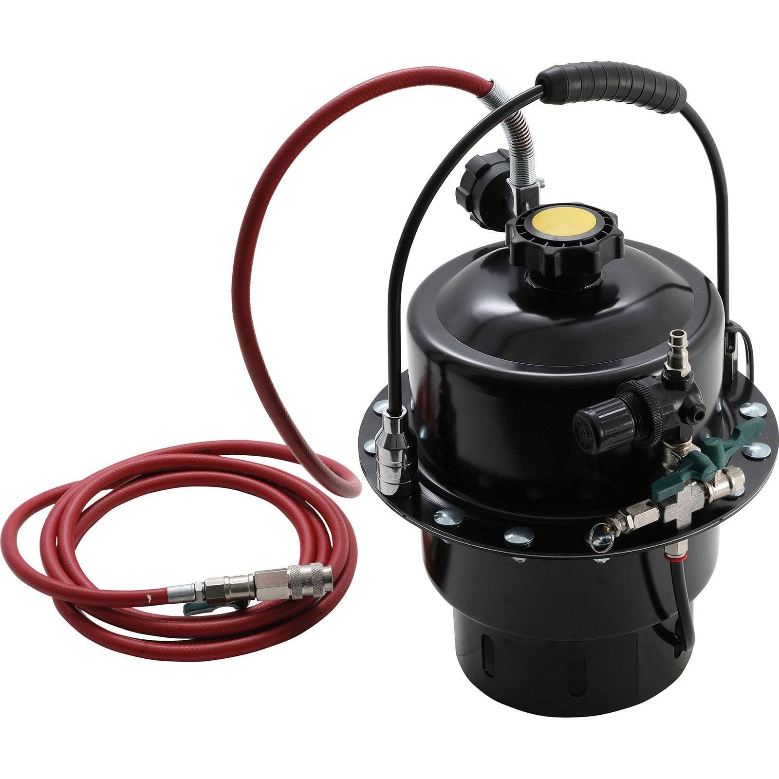 Schwarzes Kraftfahrzeug-Druckentlüftungssystem mit rotem Schlauch und Druckmesser, verwendet zur Wartung des Bremsystems. Das Modell verfügt über eine kreisförmige Basis.