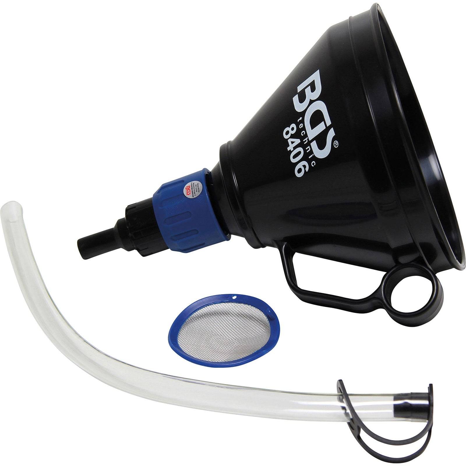 Ein schwarzer Trichter mit einem Griff, gekennzeichnet mit '8406', enthält einen blauen Aufsatz, einen transparenten Schlauch und einen Maschendrahtfilter aus Metall, der zum Übertragen von Flüssigkeiten verwendet wird.