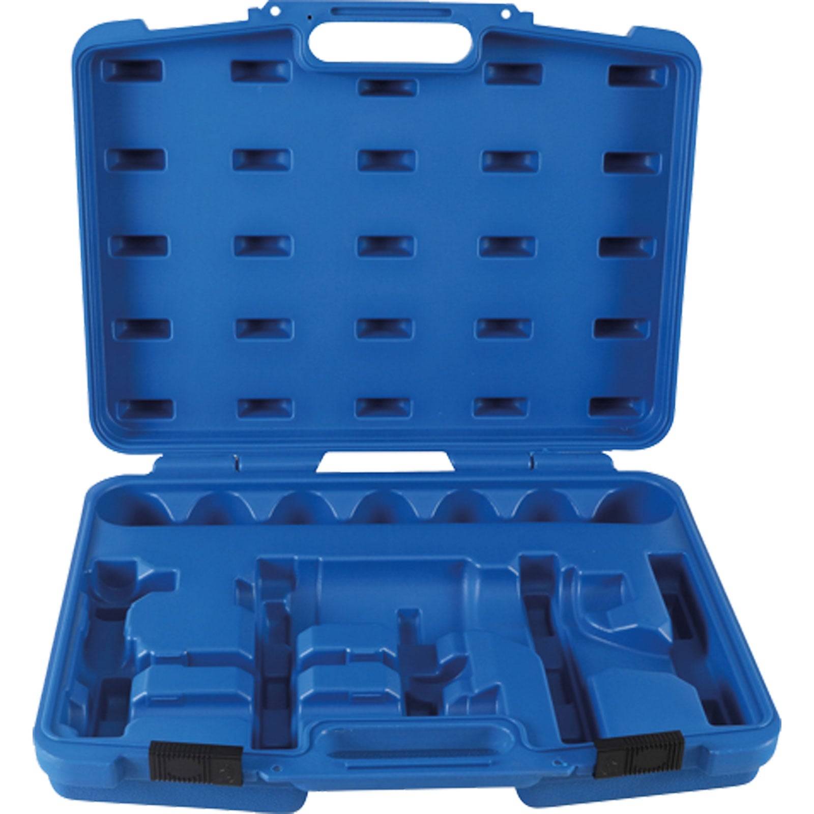 Blaue Kunststoff-Transportbox mit mehreren maßgefertigten Fächern zur Organisation von Werkzeugen oder Ausrüstung; Tragegriff oben, Verschlüsse unten.