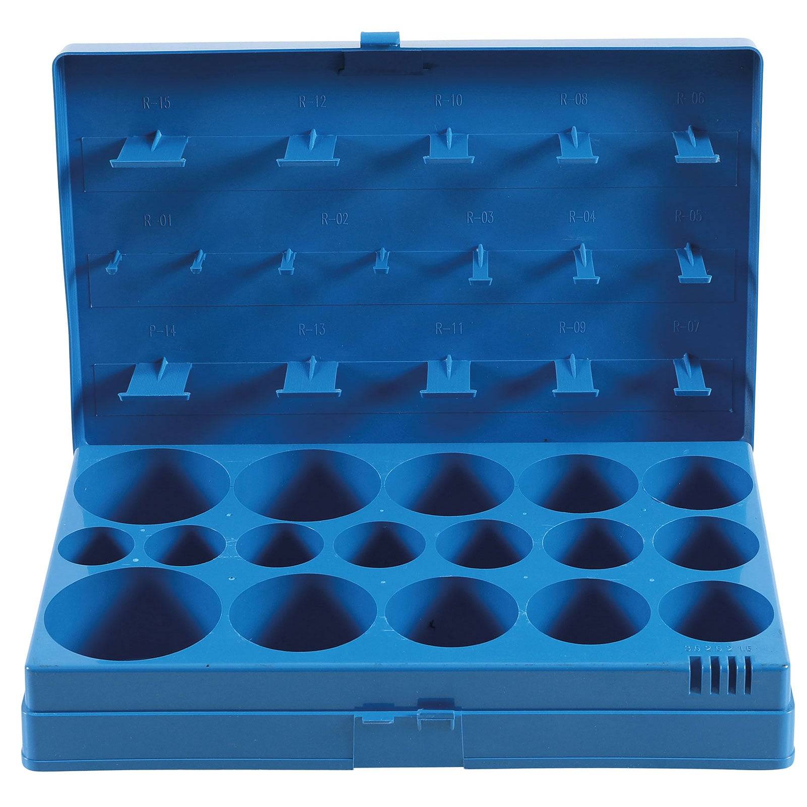 Offener blauer Plastik-Werkzeugorganizer mit mehreren kleinen kreisförmigen Fächern und beschrifteten Abschnitten zum Aufbewahren von Gegenständen.