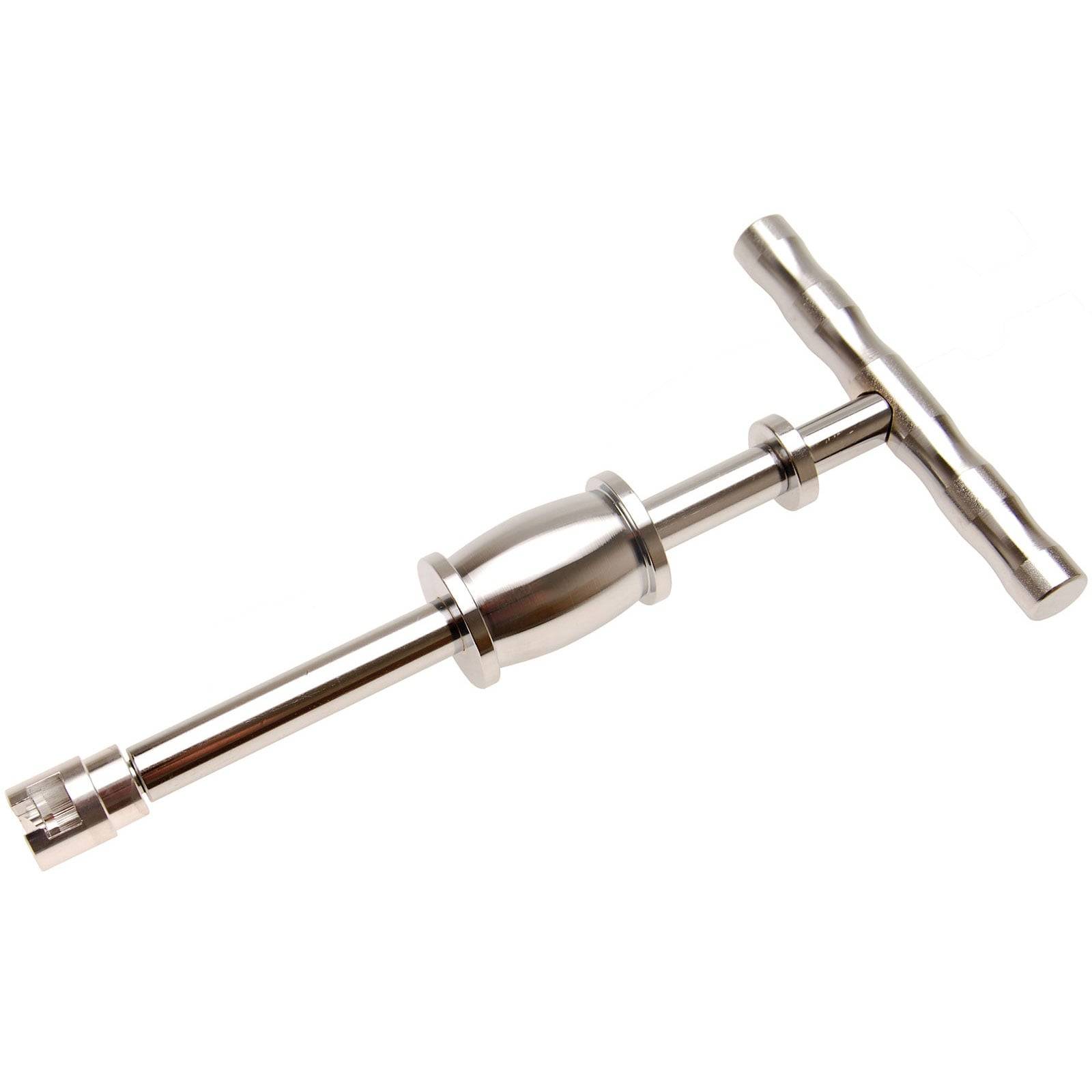 Metallausbeulheber mit T-förmigem Griff und verschiebbarem Gewicht, der zum Ausbeulen von Karosserieblechen bei der Autoreparatur verwendet wird.