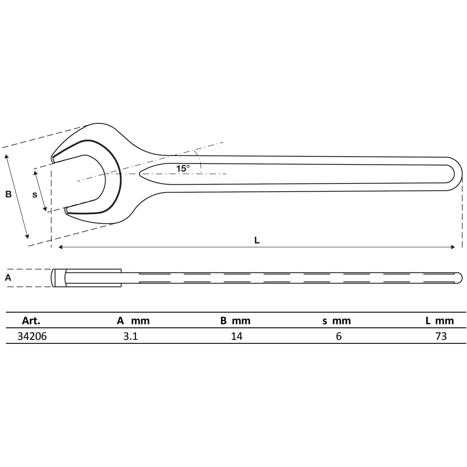 Technische Zeichnung eines Gabelschlüssels mit Maßen: Art. 34206, A=3,1mm, B=14mm, s=6mm, L=73mm. Winkel 15 Grad.