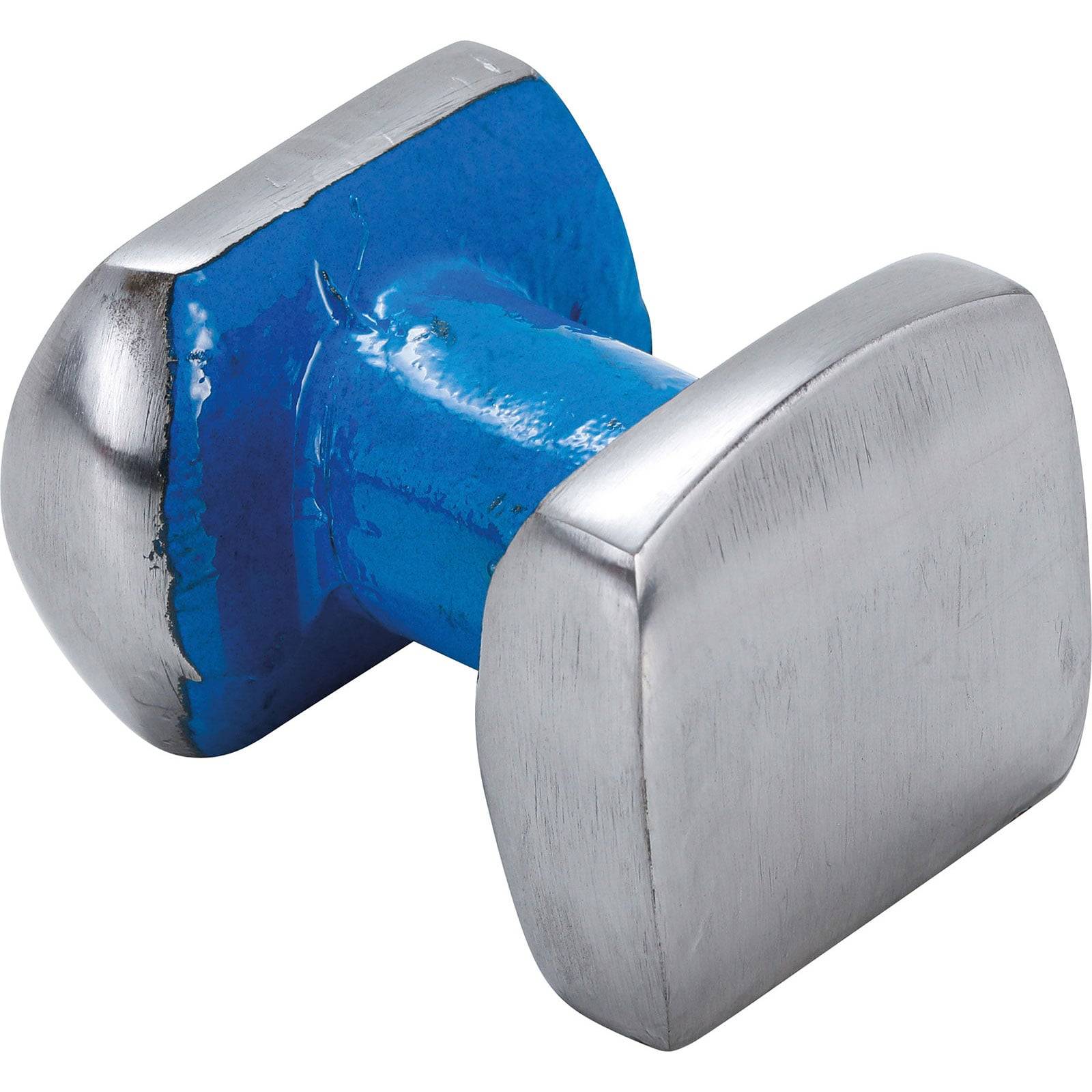 Eine blaue und silberne quadratische Amboss aus Gusseisen, die als kleines Metallbearbeitungswerkzeug zum Formen und Hämmern von Metallen verwendet wird.