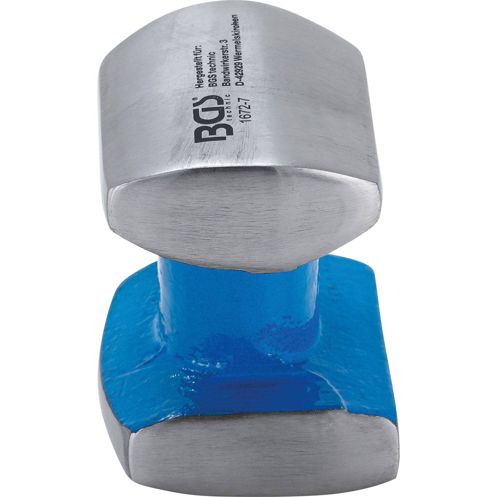 Ein doppelseitiger Vorschlaghammer mit blauem Griff und Metallkopf, mit Logo und Produktnummer auf der Oberseite eingraviert.