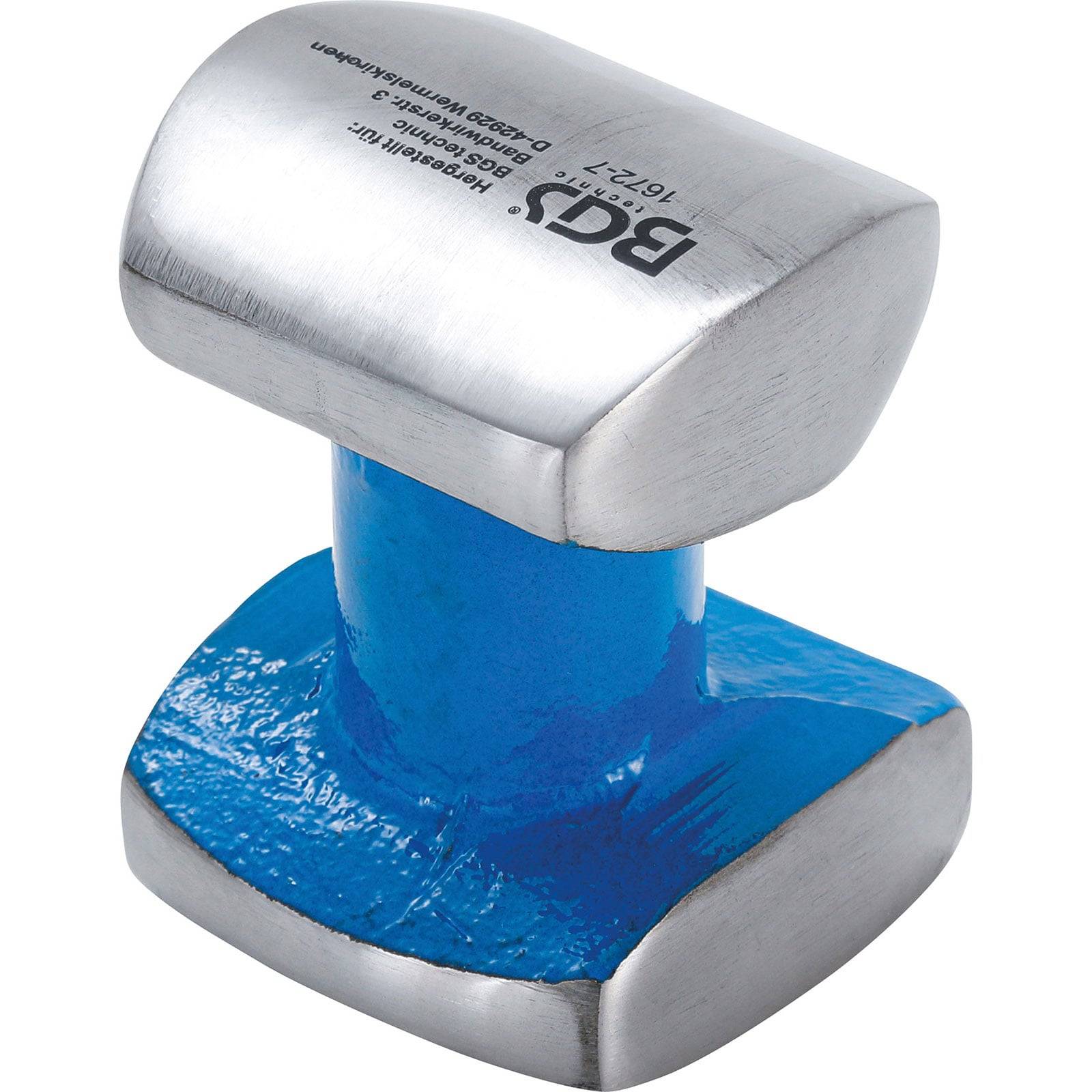 Ein blau-silberner Hammer ohne Rückprall mit einem flachen, zylindrischen Kopf und sechseckiger Basis, der für präzise, kontrollierte Schläge verwendet wird.