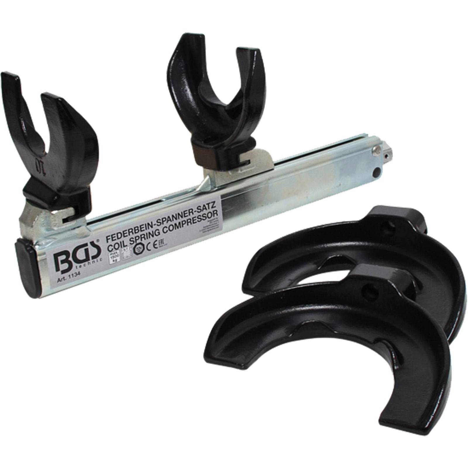 Ein Federspanner-Werkzeugsatz mit zwei Hauptkomponenten, der zum Zusammendrücken von Fahrwerkfedern während Wartungs- oder Reparaturarbeiten an der Federung verwendet wird.