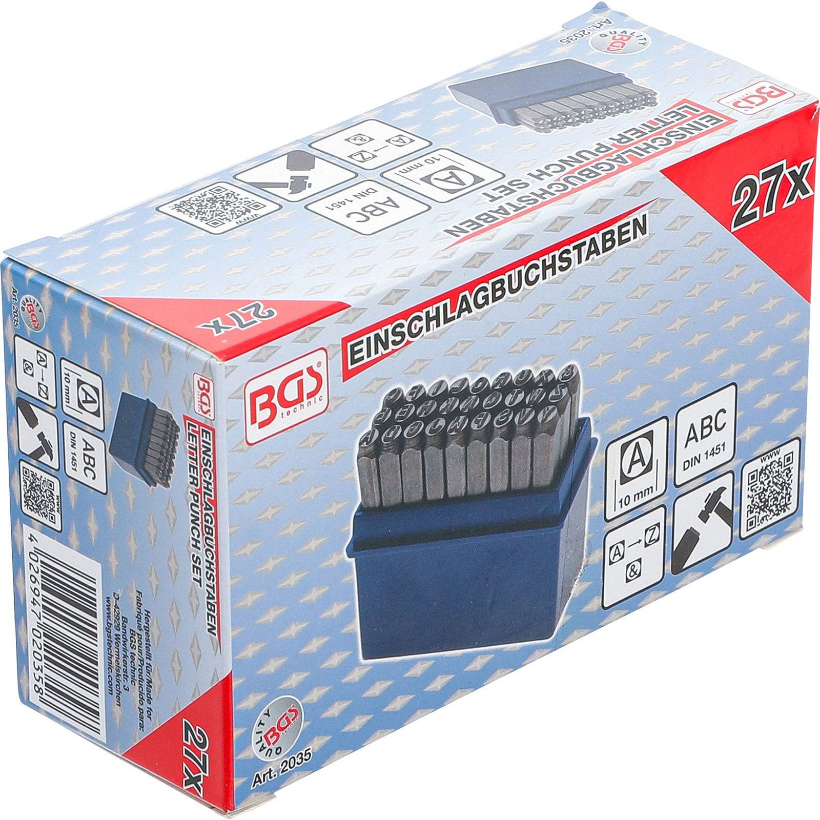 Eine Metallbox mit Schlagbuchstaben, mit 'Einschlagbuchstaben' beschriftet, enthält 27 Stück. Die Verpackung zeigt Buchstaben, ein Hammersymbol und Gebrauchsanweisungen.
