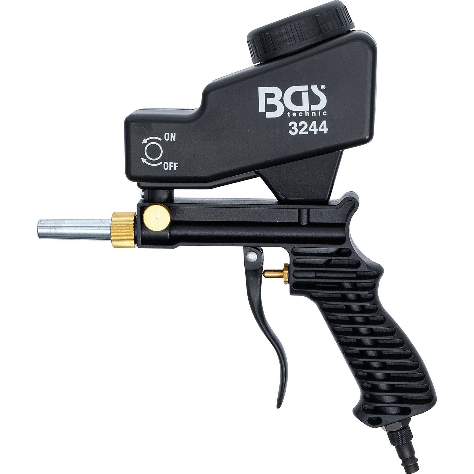 Eine schwarze und silberne Druckluftpistole mit einem Ein-/Ausschalter, Modellnummer 3244, entwickelt zum Reinigen oder Blasen von Luft, mit der Bezeichnung 'BGS technic'.